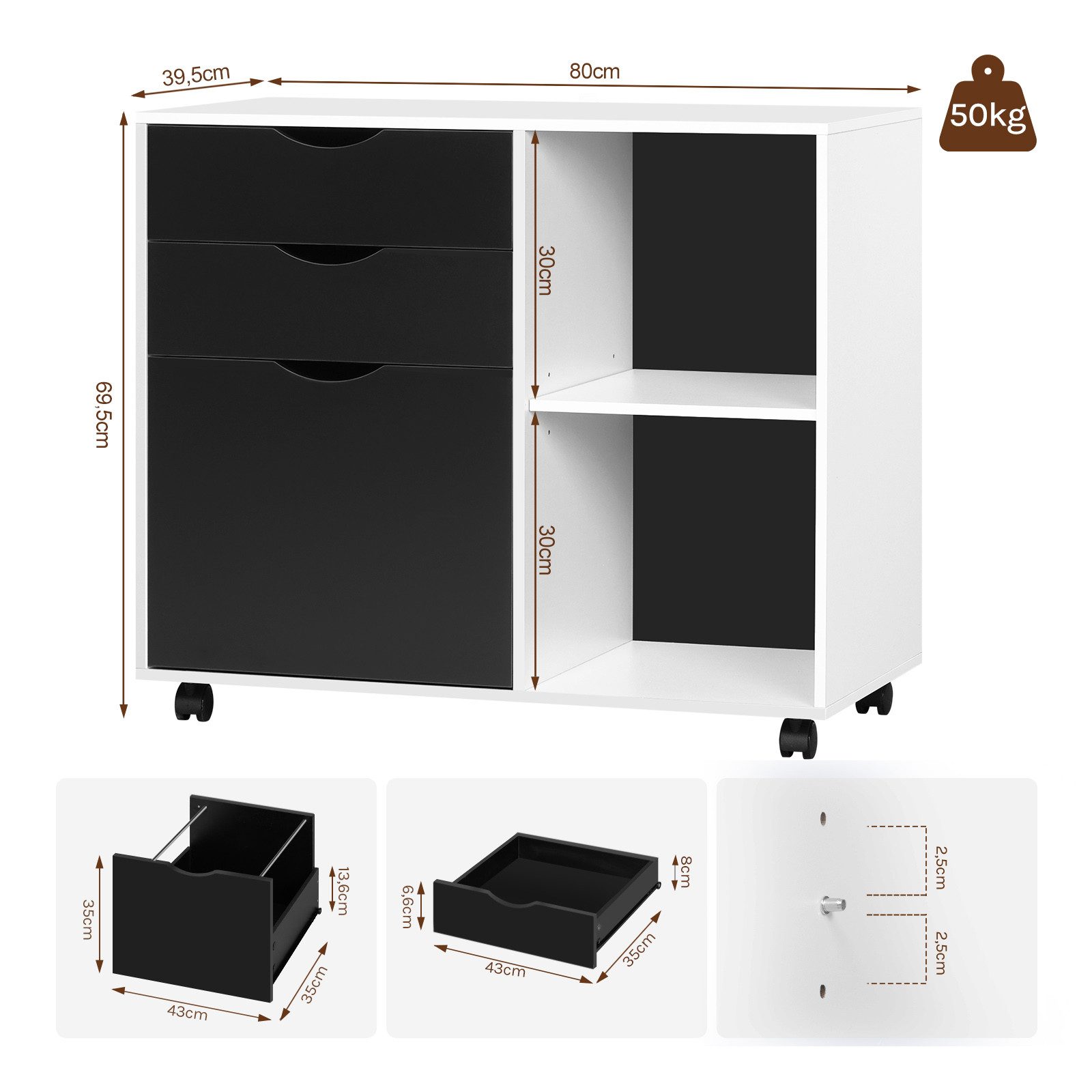 Woltu Rollcontainer, Aktenschrank mit 3 Schubladen, 5 Rollen, Büroschrank