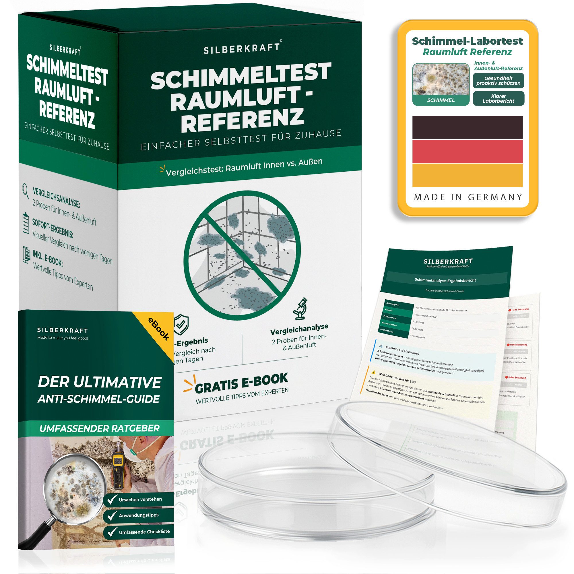 Silberkraft Schimmeltest Raumluft mit Laboranalyse & Außenluft-Vergleich Schimmelentferner (Schimmeltest mit Außenluft-Referenz, [2-St. Einfache Luftprobenahme, Umfassender Laborbericht Professionelle Gattungsbestimmung, Made in Germany)