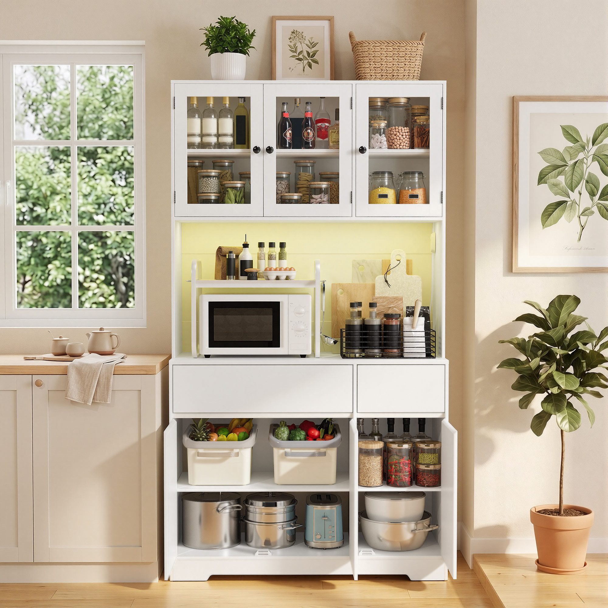 Bealife Sideboard Küchenschrank mit Arbeitsplatte und 2 Schubladen (Mit LED-Licht (farblich einstellbar) & Steckdose)