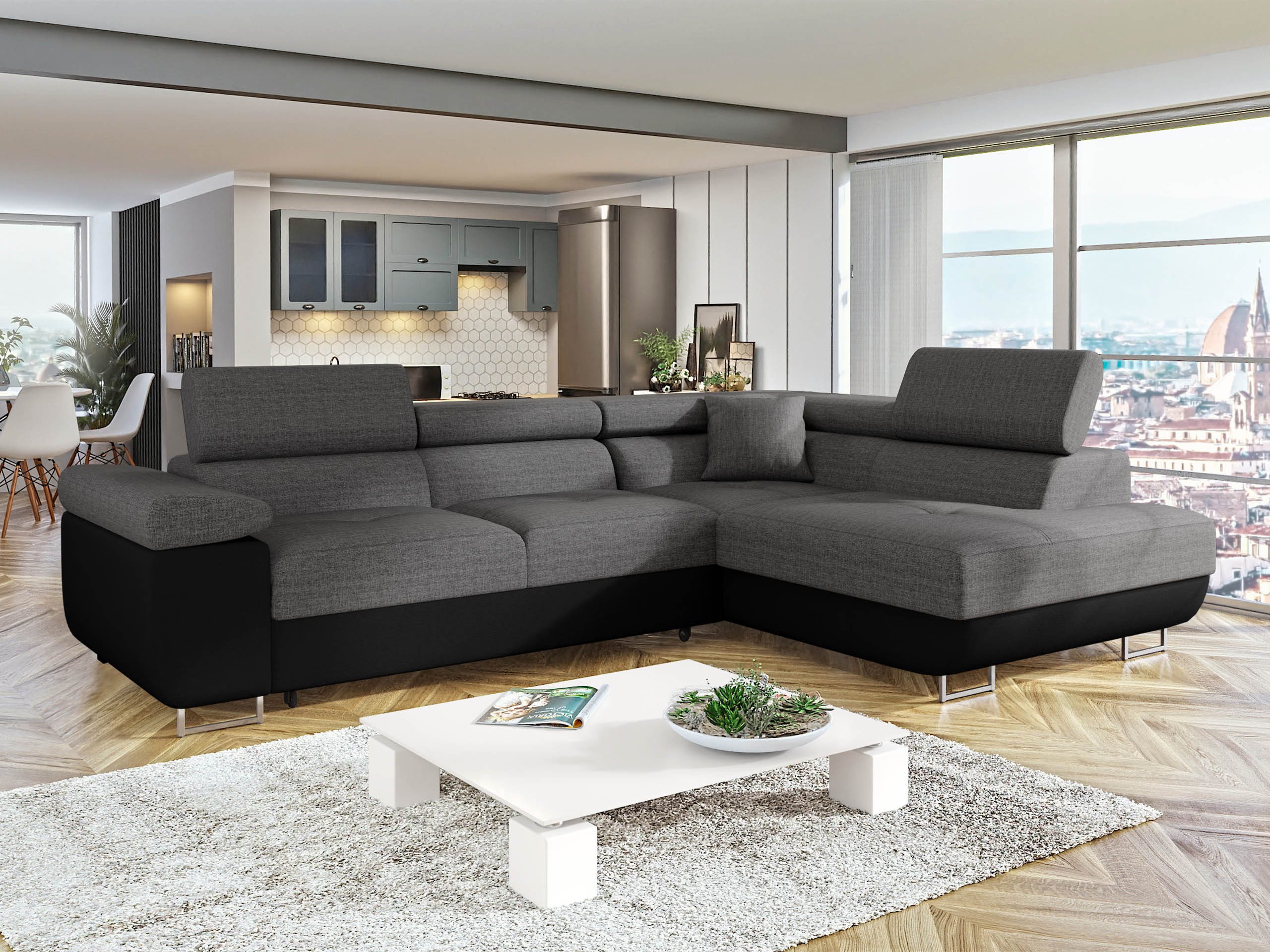 MIRJAN24 Ecksofa Torezio, mit Bettkasten und Schlaffunktion, Einstellbare Kopfstützen, 274x203x70-90 cm