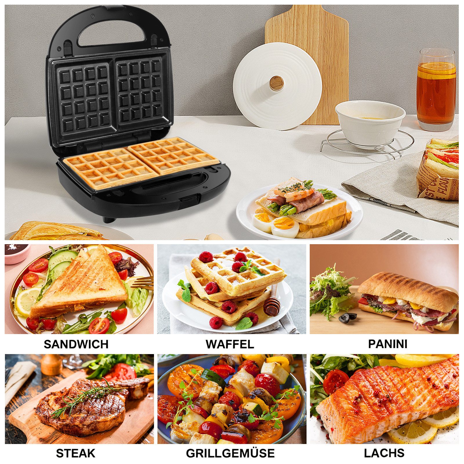 OZAVO 3-in-1-Sandwichmaker Sandwichtoaster, Waffeleisen,Kontaktgrill 23*23cm, 750 W, Antihaftbeschichtete abnehmbare Platten