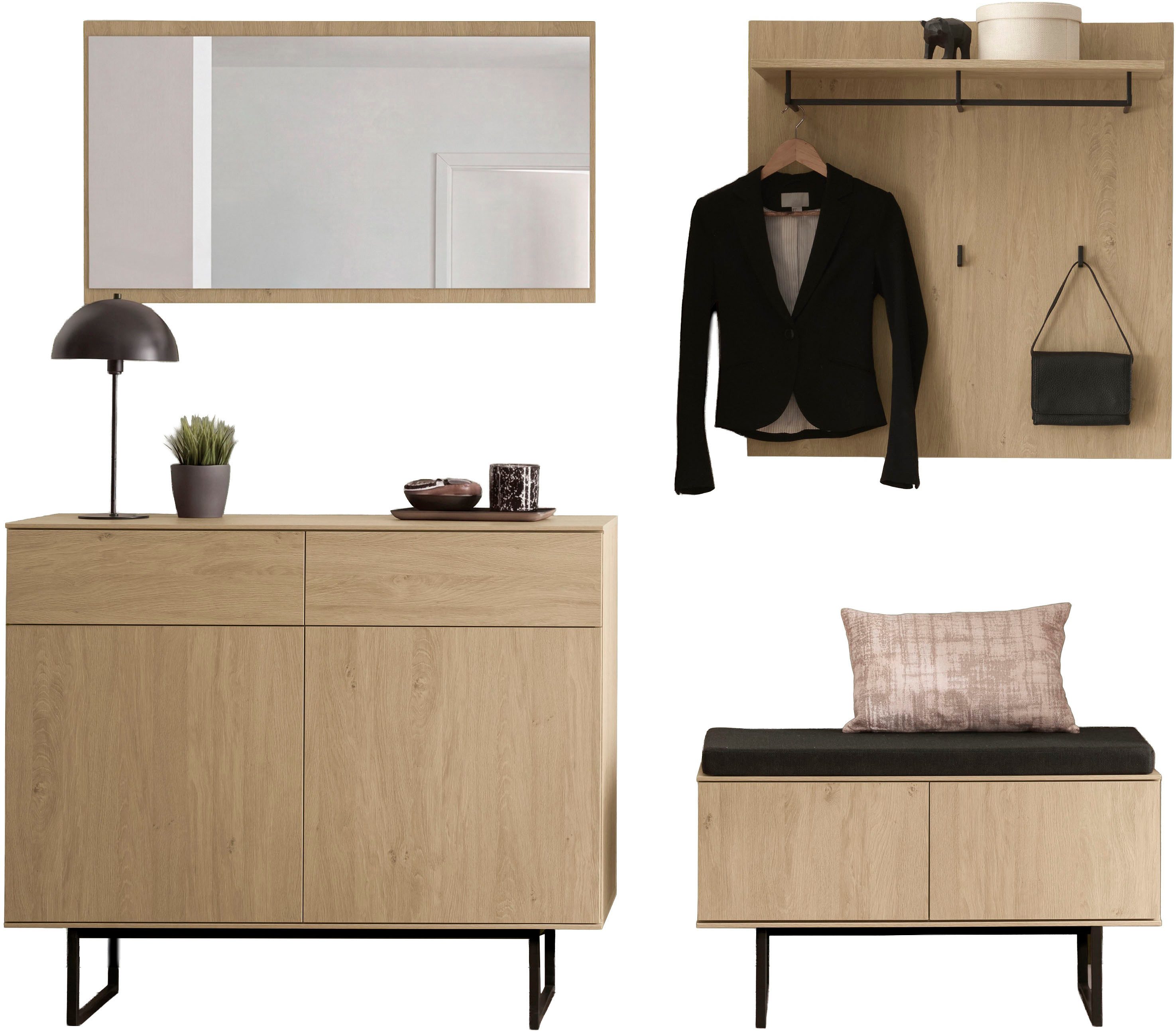 Home affaire Garderoben-Set Lund, moderne Garderobe, Komplettset mit viel Stauraum, (Set, 4-St), enthält Kommode, Spiegel, Garderobenpaneel, Schuhbank inkl. Sitzkissen