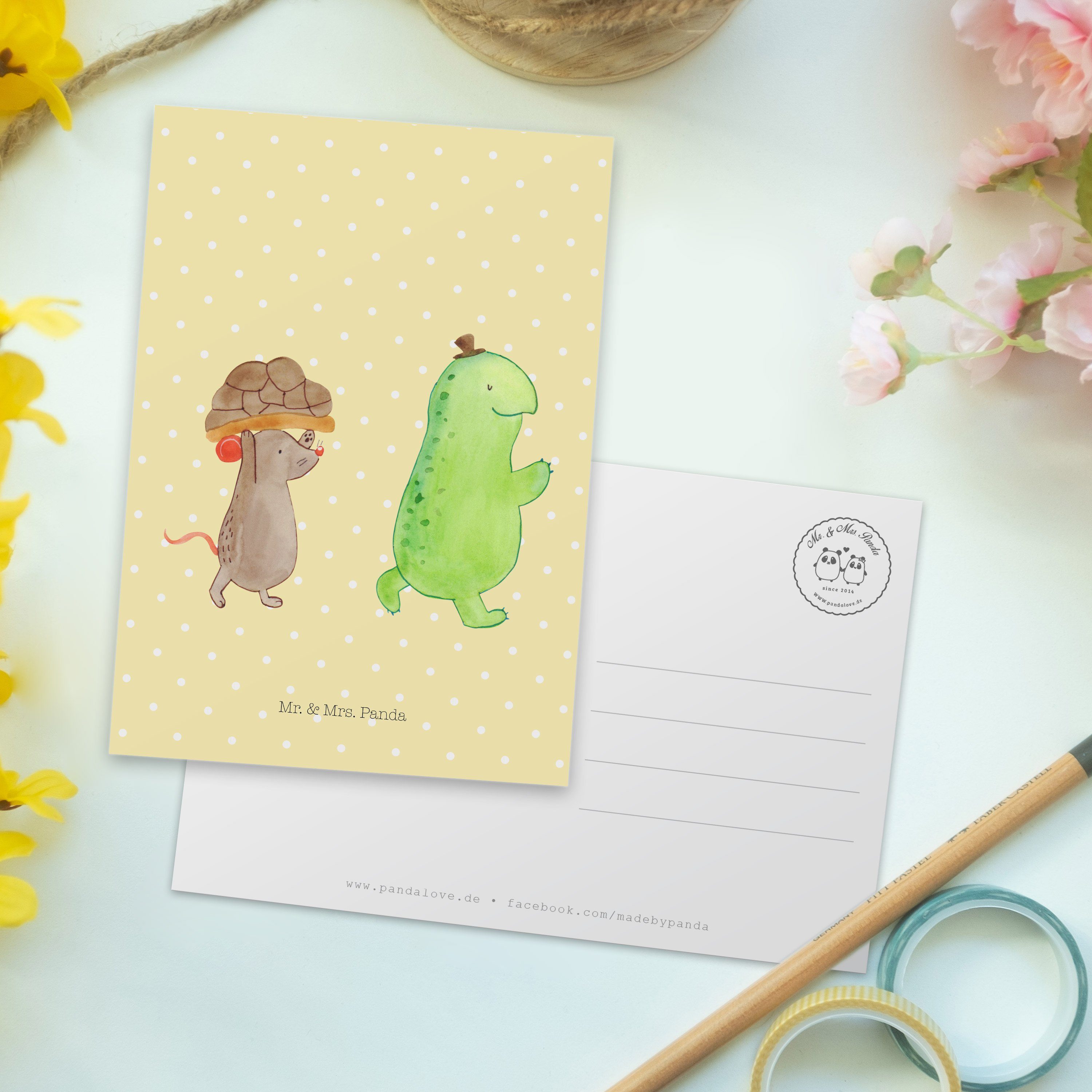 Mr. & Postkarte Geschenkkarte, Fr Maus beste - Geschenk, Panda Schildkröte Gelb - Mrs. Pastell &