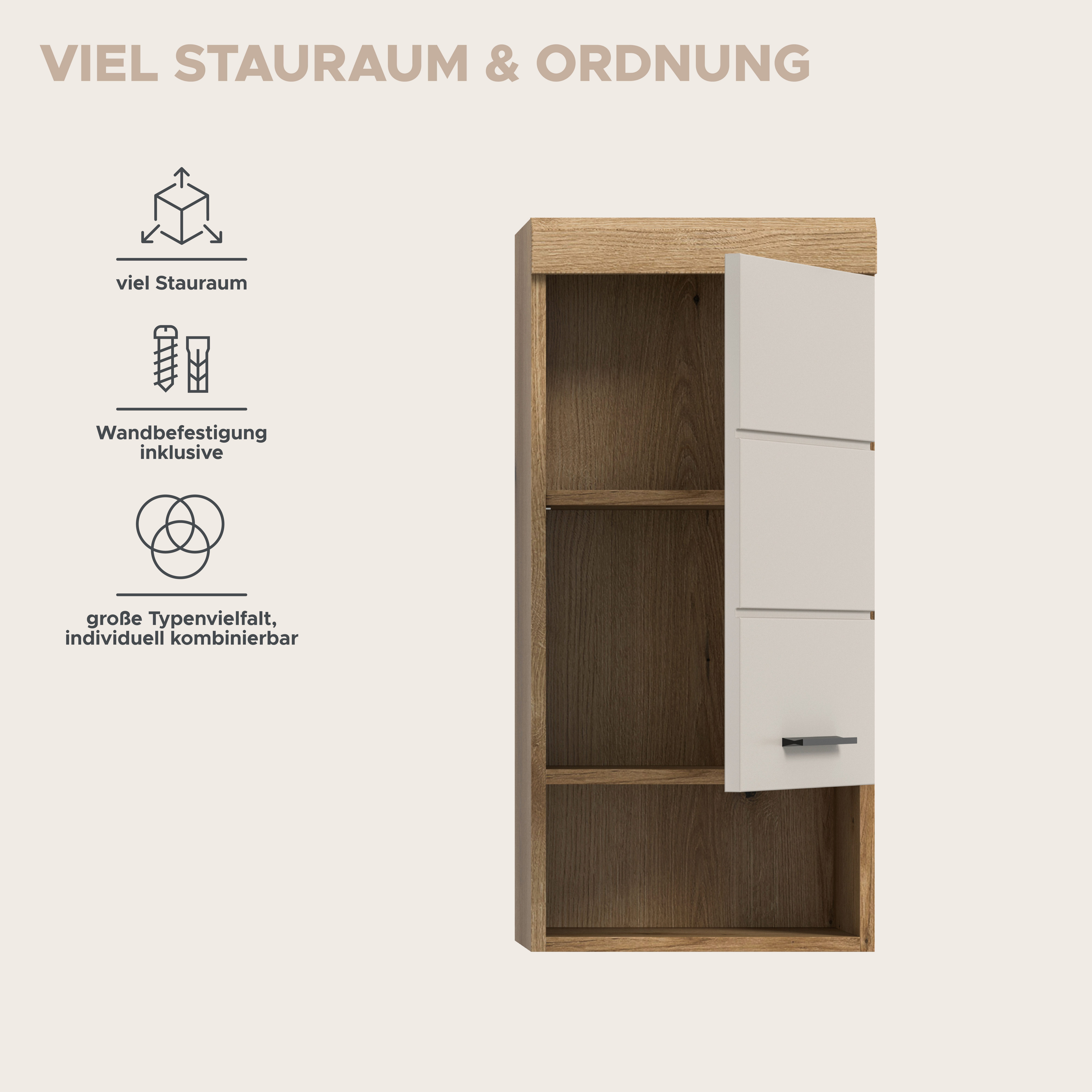 welltime Hängeschrank SIENA, Breite 37cm, 1 Tür, 1 offenes Fächer, 1 Einlegeboden, MDF-Front (1-St., TOPSELLER) in verschiedenen Farben erhältlich, Badmöbel, Badschrank, Schrank, Bad