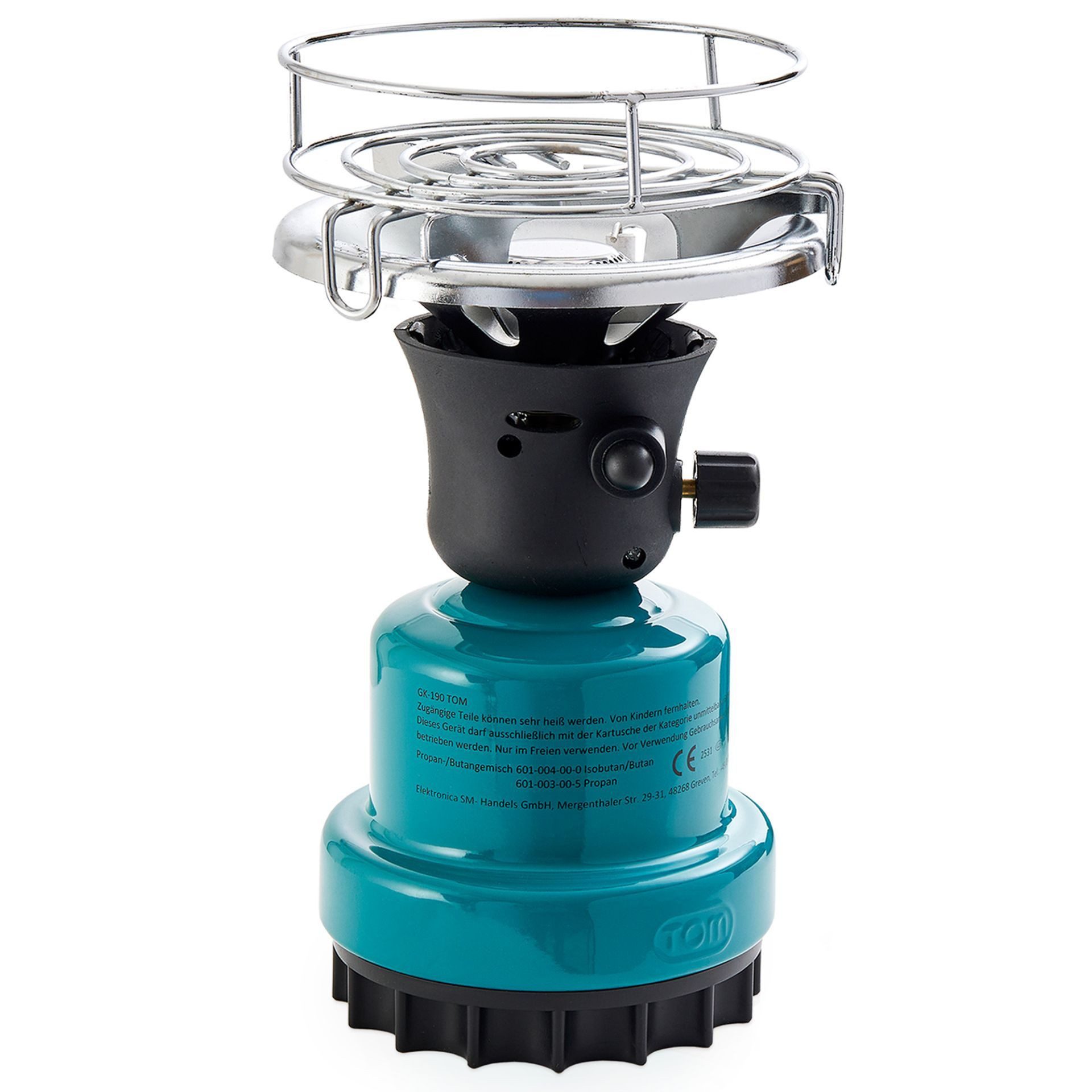 TOM Gaskocher Campingkocher mit 4x190g Gas Kartuschen CG-190 Butan Gas, (1-St), 1100W, Piezozündung, Windschutz, Stechkartuschen, Kartuschen Kocher