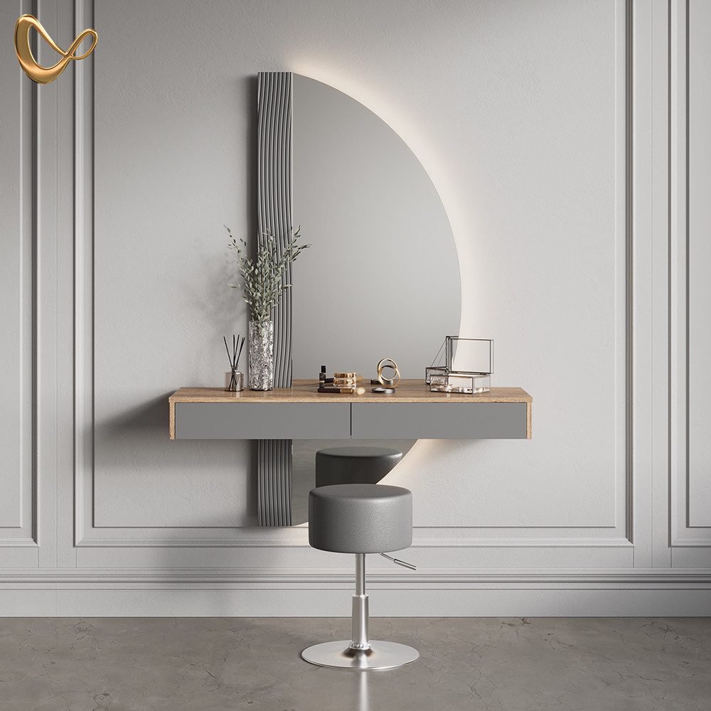 Livinity® Schminktisch Ascona, Grau/Eiche, mit Beleuchtung und Hocker günstig online kaufen