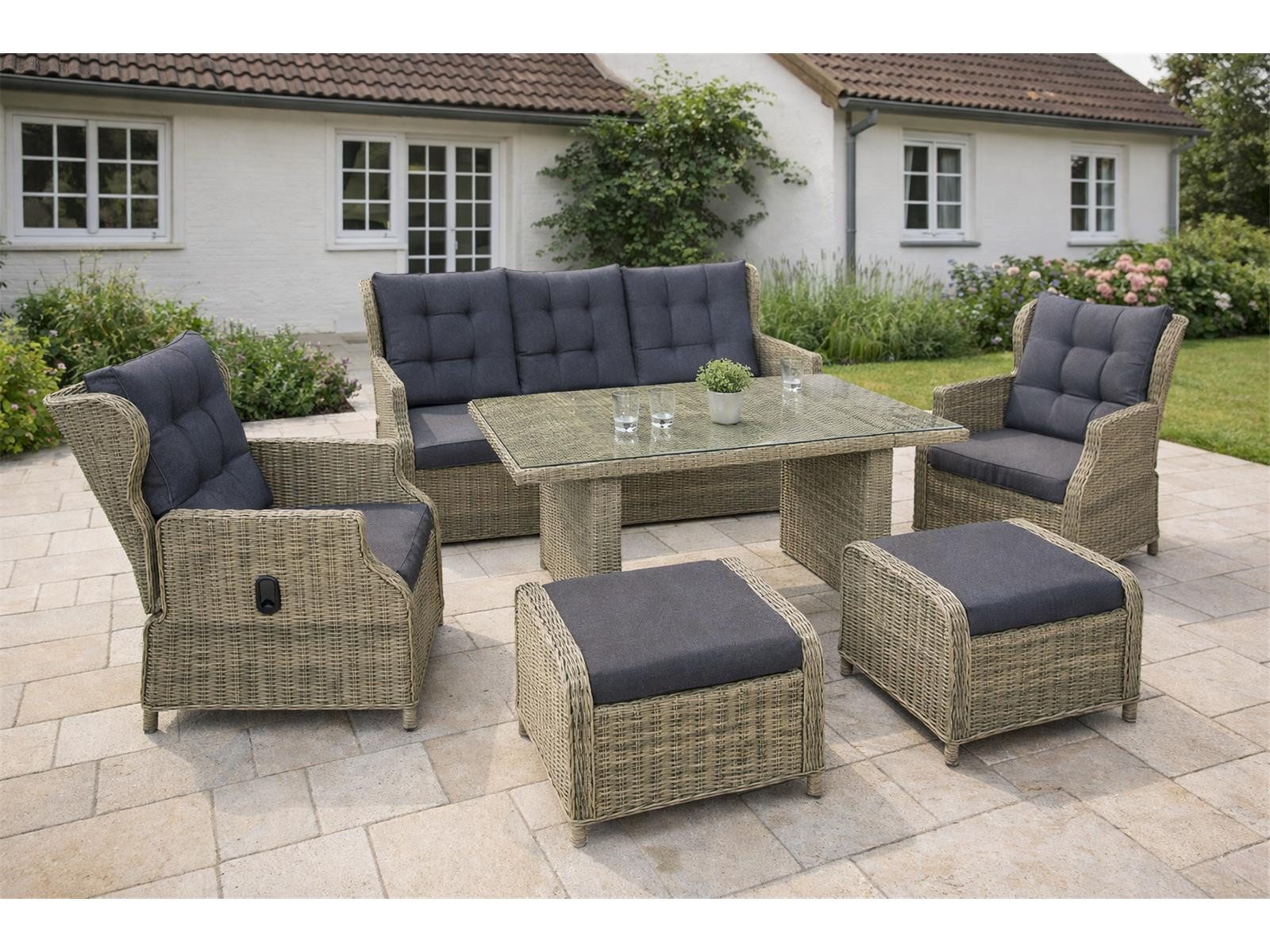 Green Spirit Gartenlounge-Set »Bilbao« Dininglounge Set Sitzgruppe Loungemöbel Lounge Gartenmöbel, (Set, 6-tlg., 1 Sofa, 2 Sessel, 2 Hocker, 1 Tisch, inkl. Auflagen), Polyrattan, braun, 7 Personen, wetterfest, Garten, Terrasse, Outdoor