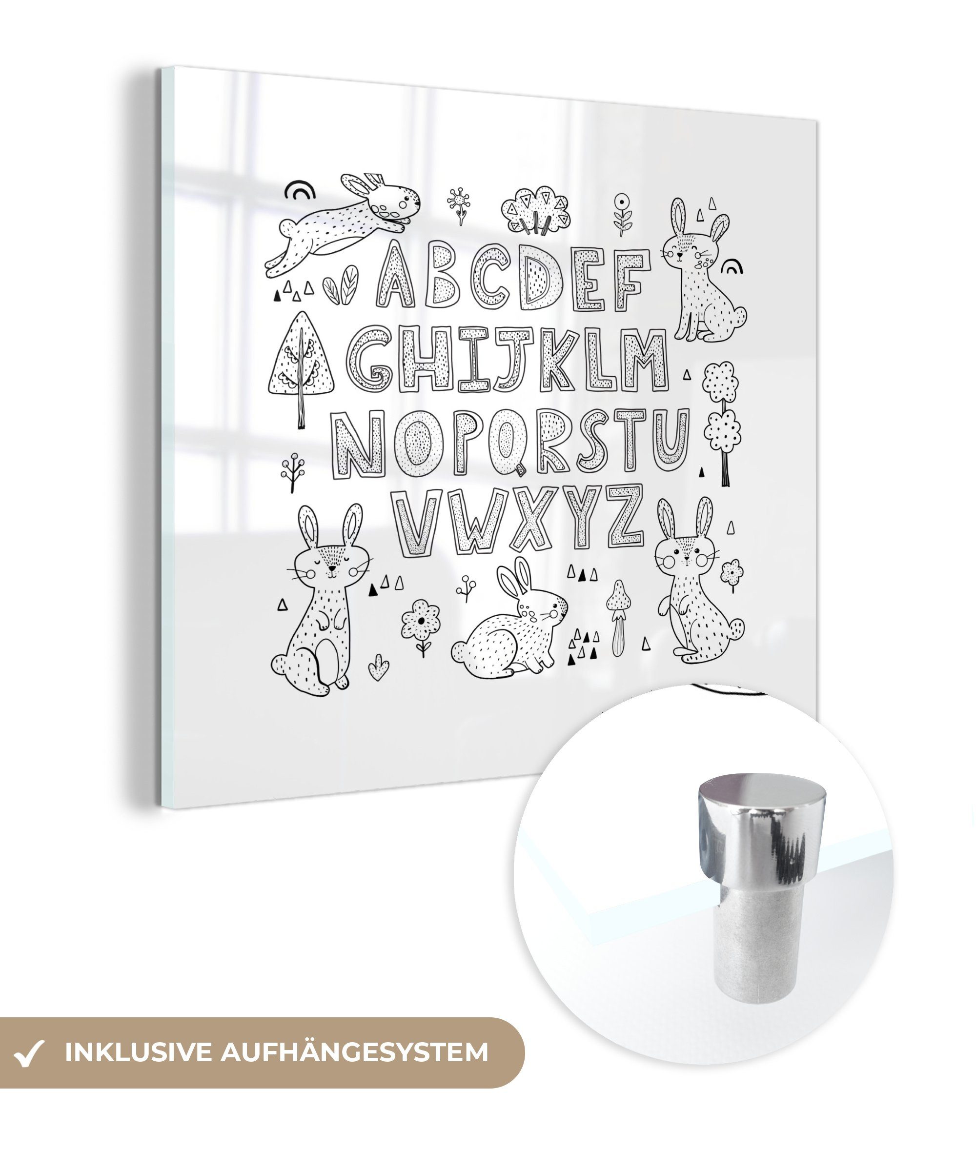 Glas springenden Wandbild Alphabet Wanddekoration weiß, auf - - schwarz Glas Illustration auf und in (1 - Foto Glasbilder mit Acrylglasbild Bilder MuchoWow St), Kaninchen