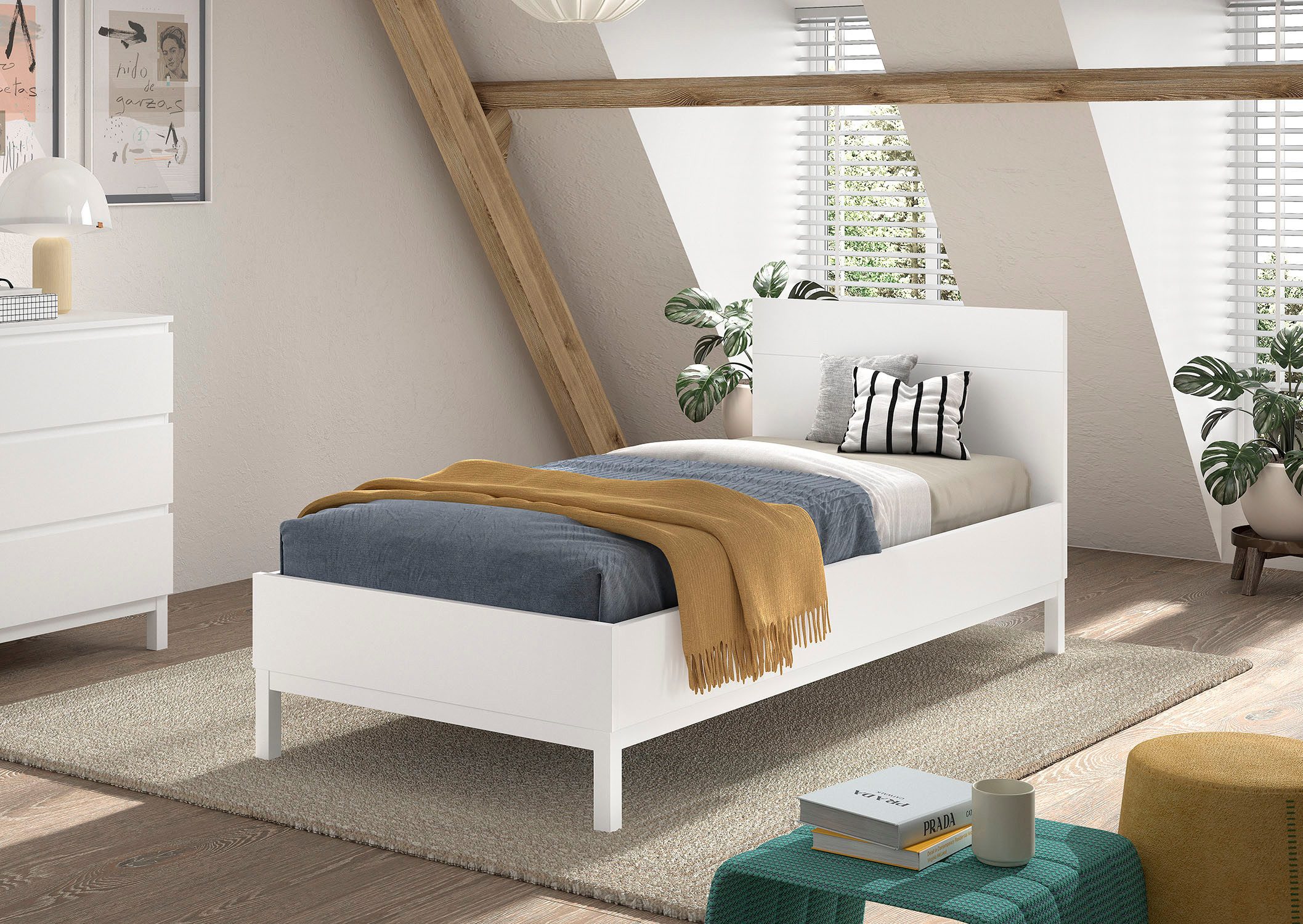 Vipack Einzelbett in gradlinigem Design, glattem Kopfteil und pflegeleichter Oberfläche, 90x200, komfortable Liegehöhe, vielseitig, weiß lackiert