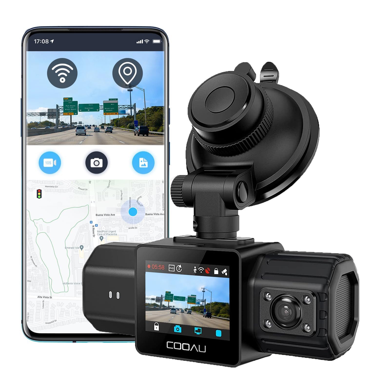 COOAU Duale Dashcam vorne und hinten,2,5K+1080P mit G-Sensor,Loop Recording Dashcam (HD, WLAN (Wi-Fi), 24Std.Parküberwachung/Bewegungserkennung,Super Nachtsicht, Integriertes WLAN und GPS, G-Sensor,WDR,Loop Recording)