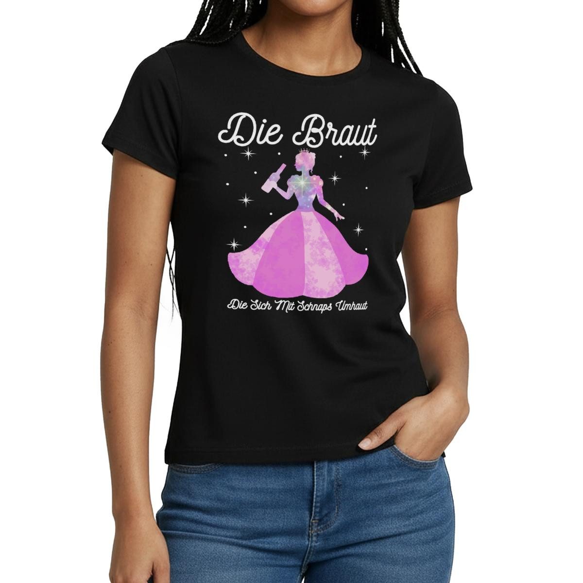 Spreadshirt T-Shirt JGA Frauen, Die Braut, Die Sich Mit Schnaps Umhaut Frauen T-Shirt (1-tlg) Slim Fit, fällt klein aus