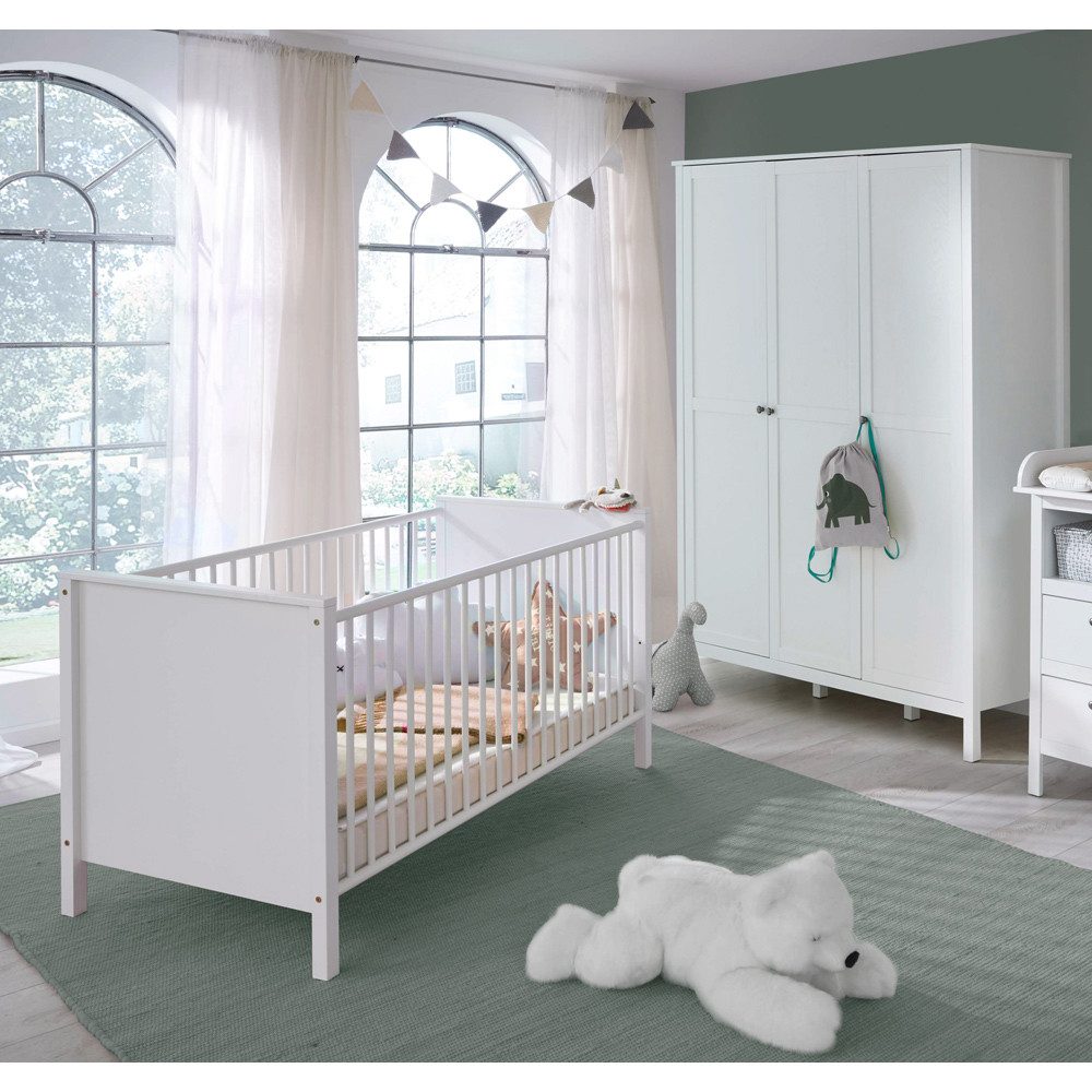 Lomadox Babyzimmer-Komplettset OLOT-19, (2-St), Kleiderschrank 3-türig mit Babybett im Landhausstil weiß