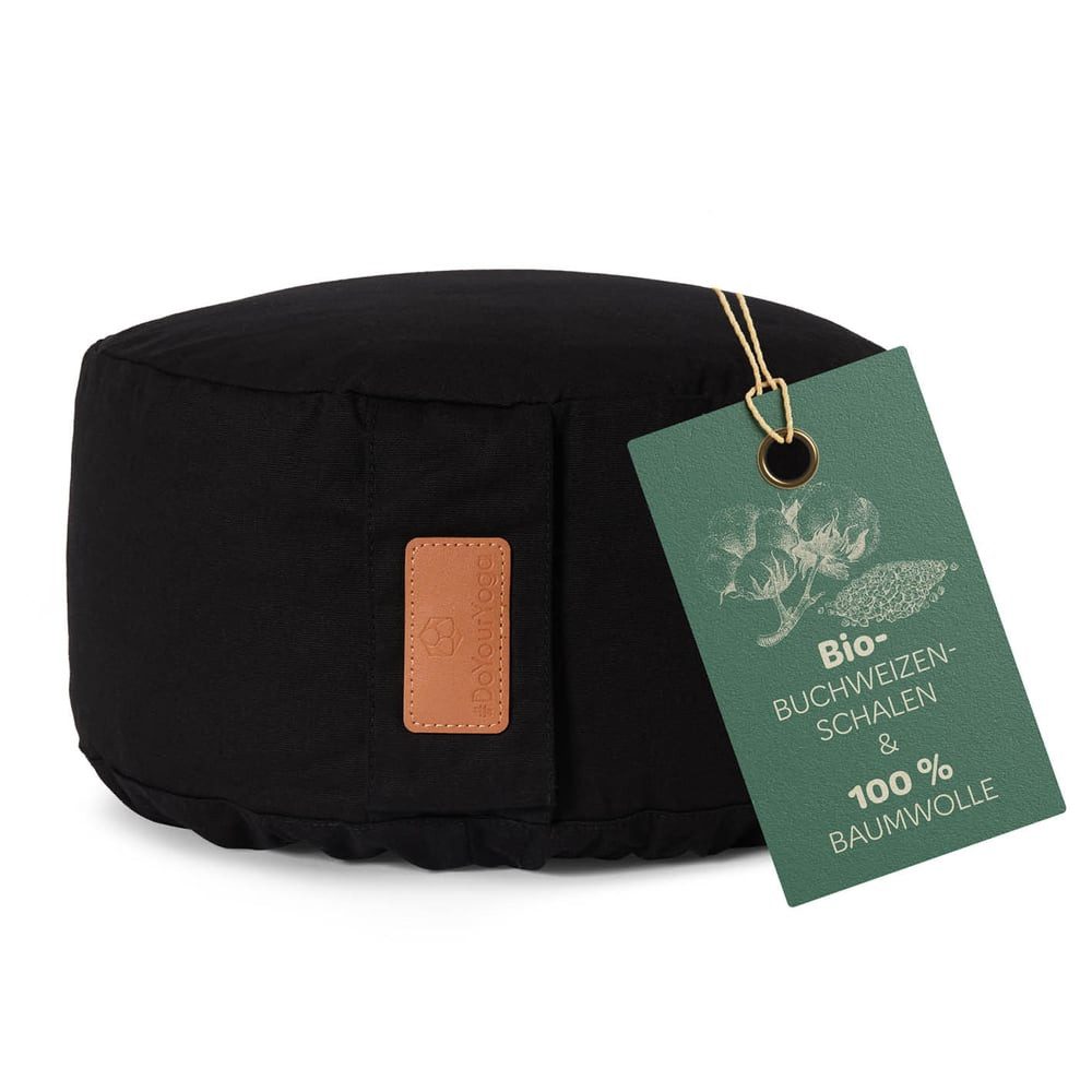 #DoYourYoga Yoga Bolster Yoga Kissen Vishnu - gefüllt mit Bio-Buchweizenschalen, Entspannungskissen Yoga Meditation - Rund 30 x 30 x 15 cm - Schwarz