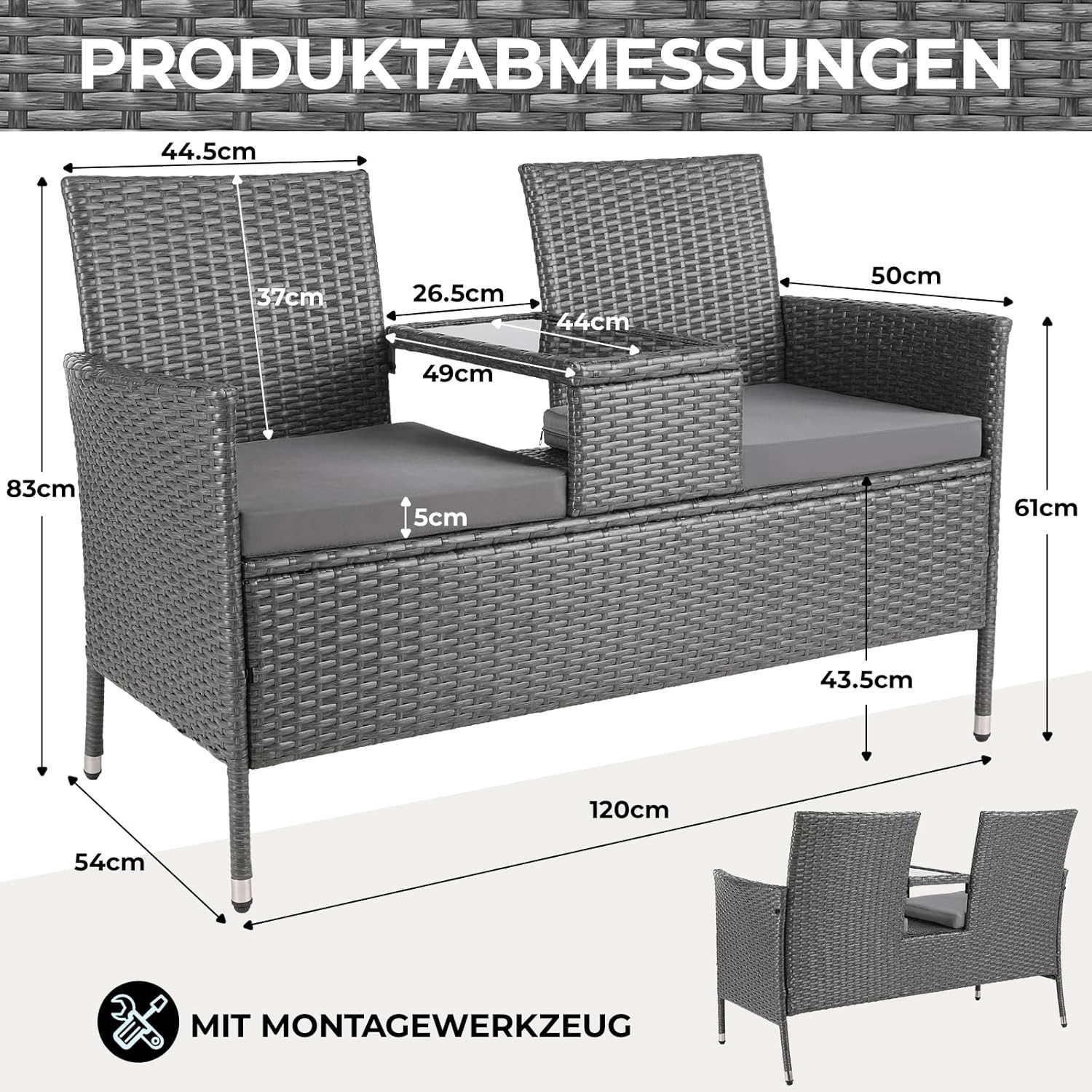 TLGREEN Balkonset Polyrattan Gartenbank 2er Set, (Wetterfest UV-beständig Rattan Sofa Outdoor, mit Tisch & Weichen Sitzkissen), Balkonmöbel für Kleinen Balkon/T – Bild 3 von 5