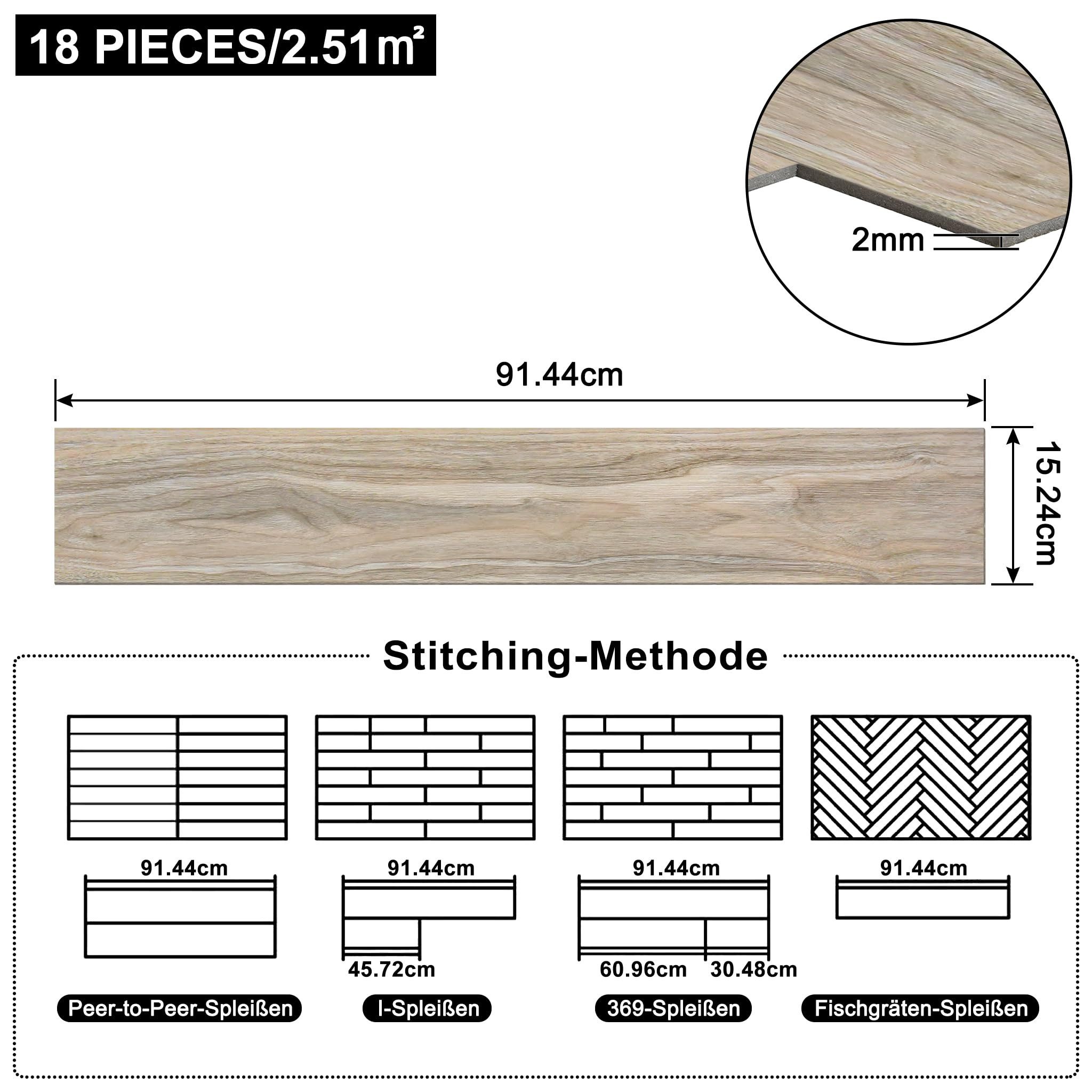 FIVMEN Vinylboden PVC Bodenbelag Selbstklebend, Holzmaserung Dielen, Bodenfliesen, 18/36 Stück, 2.51/5.2 m² Schneidbar Fliesen für Schlafzimmer, Küche – Bild 2 von 5
