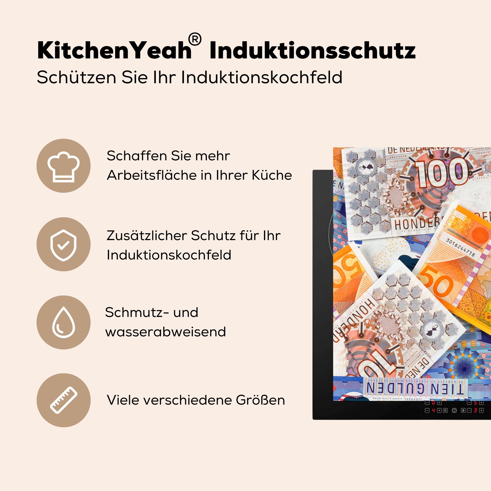 Arbeitsfläche tlg), MuchoWow Gulden-Banknoten, Herdblende-/Abdeckplatte niederländischer Stapel 70x52 Vinyl, Mobile Ceranfeldabdeckung Ein nutzbar, (1 cm,