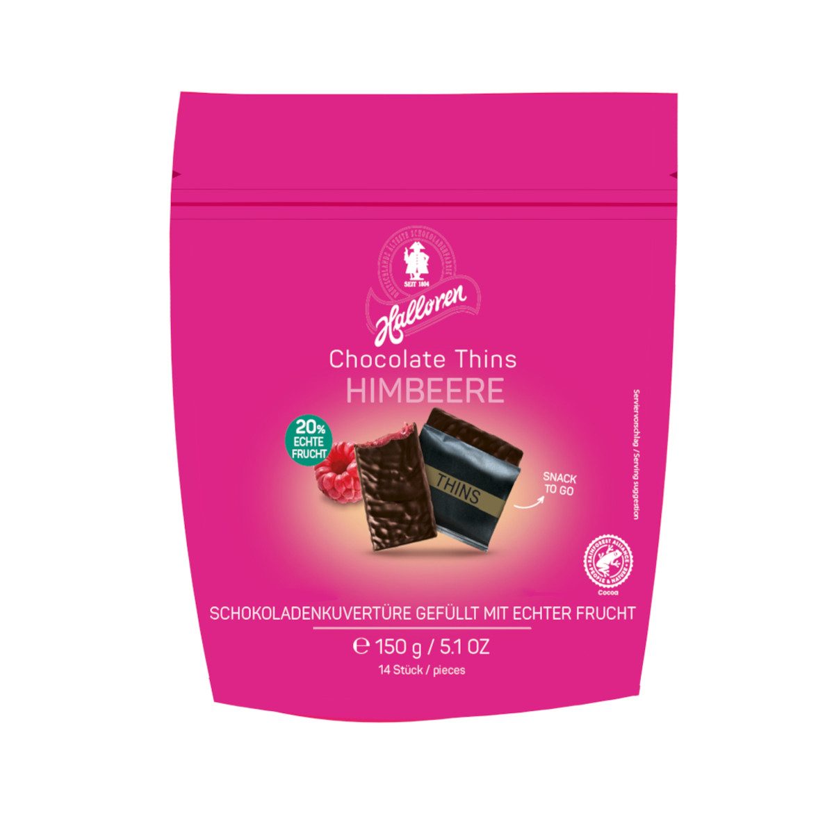 Halloren Schokolade, Halloren Chocolate Thins Raspberry mit Himbeerzubereitung Packung 150g