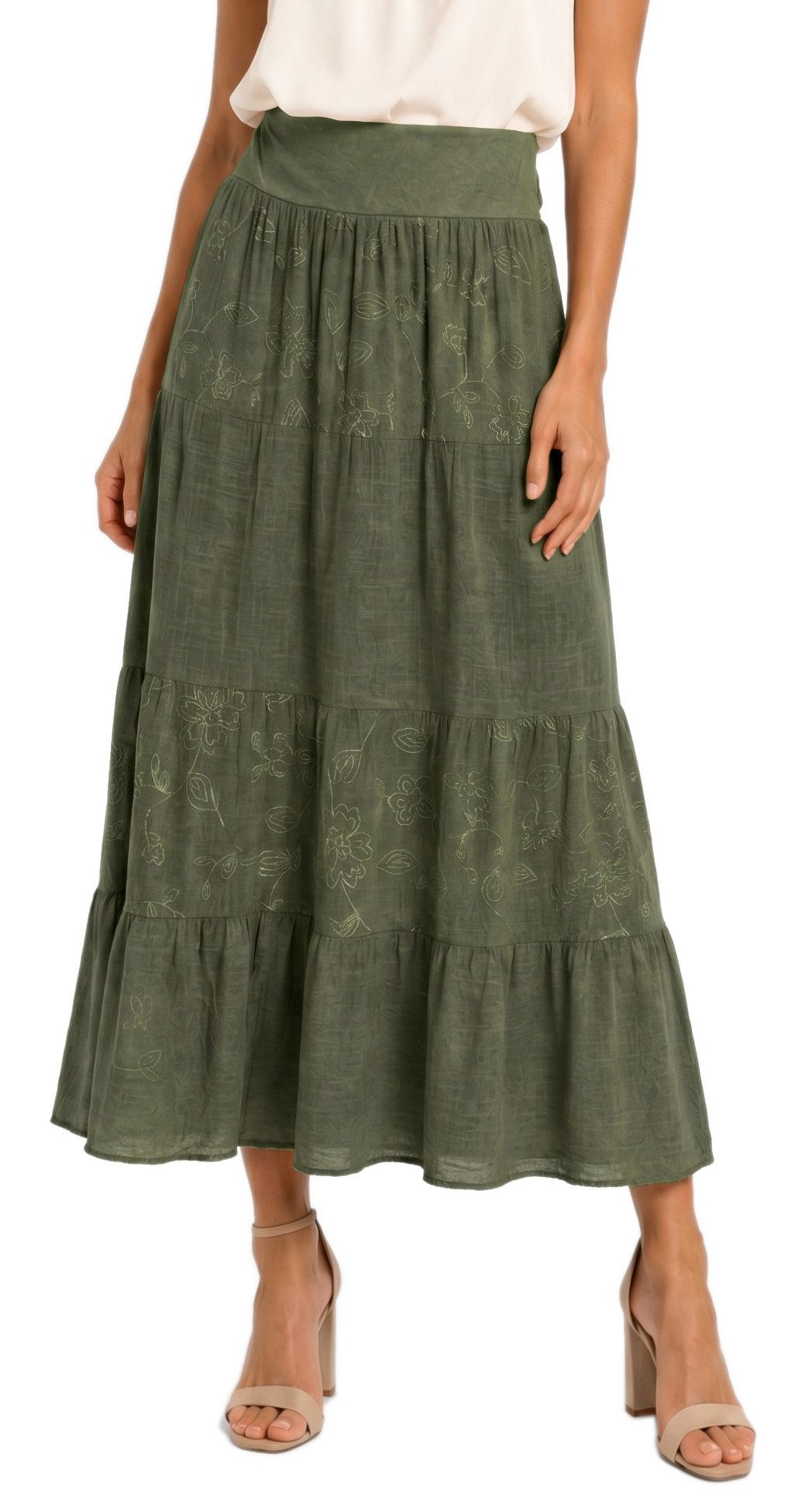 dy_mode Maxirock Damen Maxirock Luftiger Stufenrock Langer Baumwollrock Sommerrock in Unifarbe, mit Gummibund, Blumenstickerei