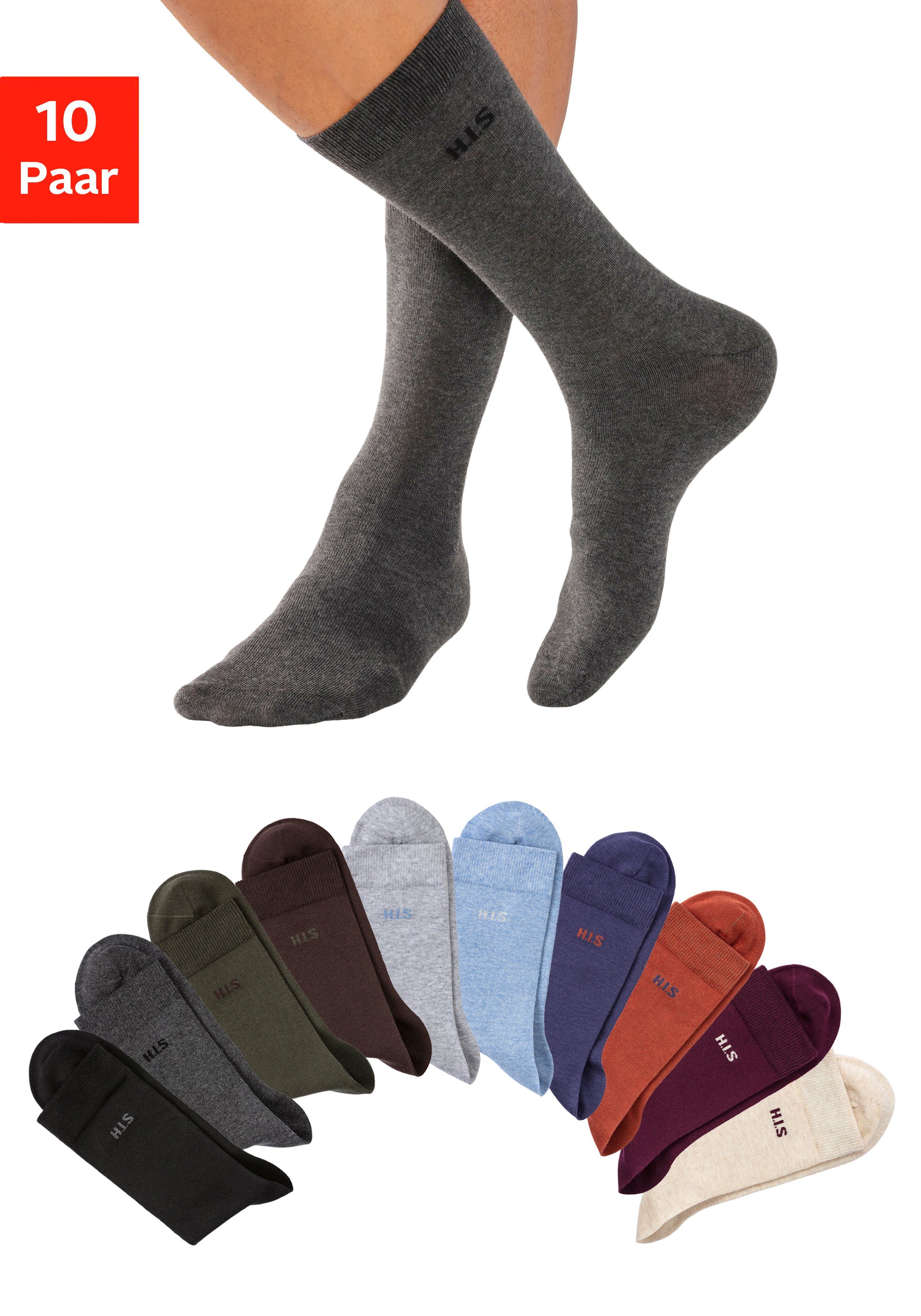 H.I.S Socken (10-Paar) mit farbigem Innenbund 1x marine, 1x orange, 1x khaki, 1x plum, 1x beige-meliert, 1x jeans-meliert, 1x grau-meliert, 1x anthrazit-meliert, 1x braun, 1x schwarz