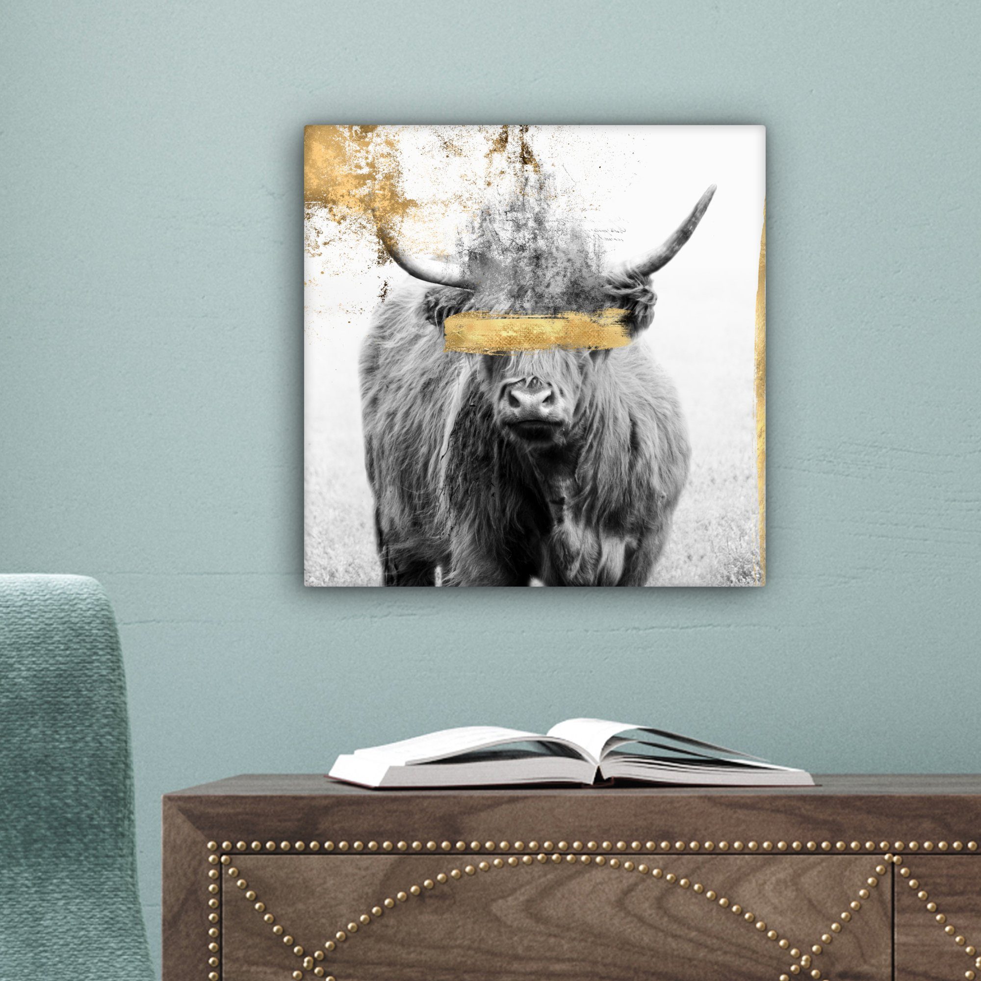 OneMillionCanvasses® Leinwandbild Schottischer Highlander Farbe, (1 St), - Gold für Wohnzimmer cm - Bilder Schlafzimmer, Leinwand 20x20
