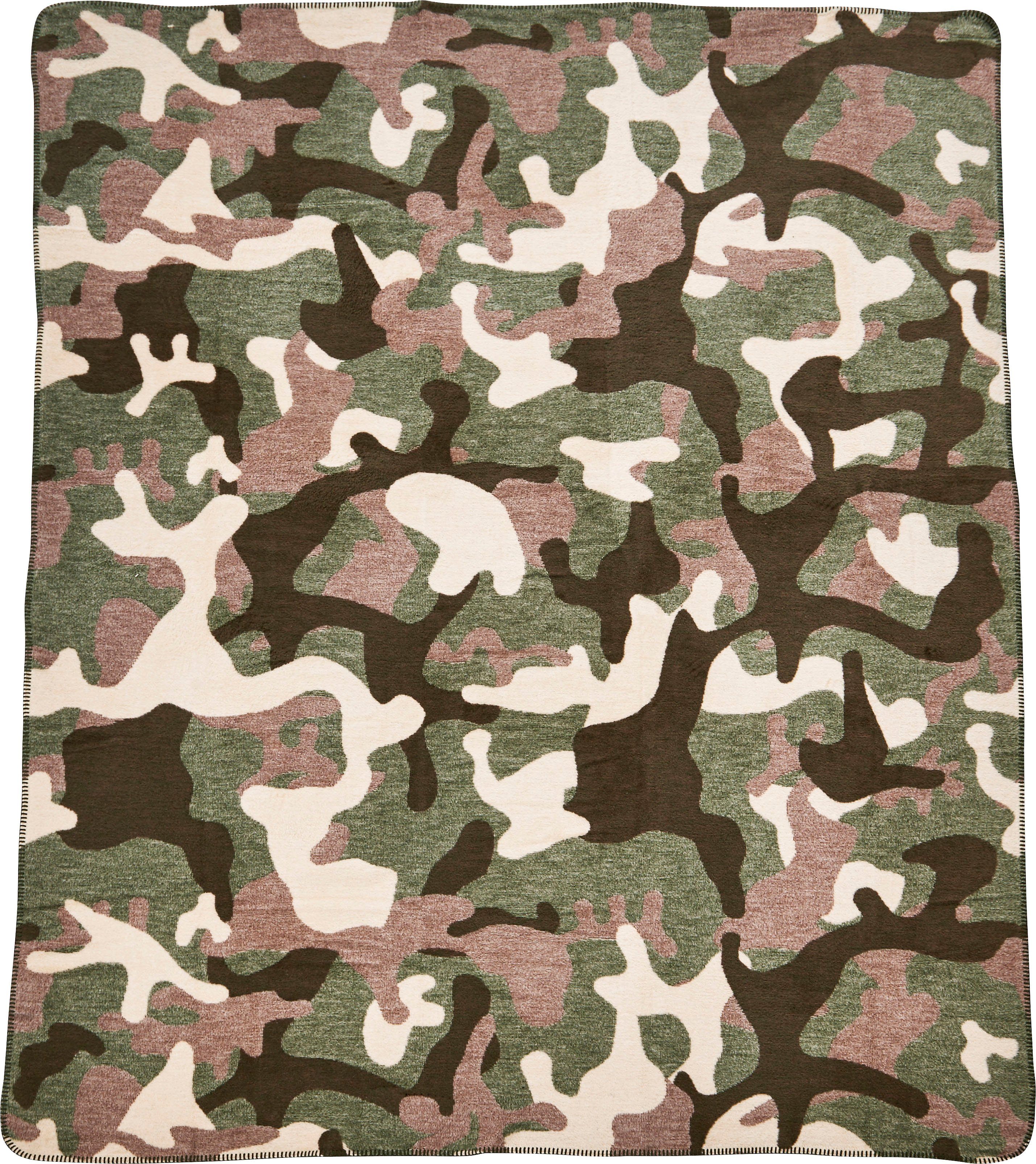 Wohndecke Camouflage, done.®, Wohndecke mit einfassender Ziernaht, Kuscheldecke braun/grün/beige | Baumwolldecken
