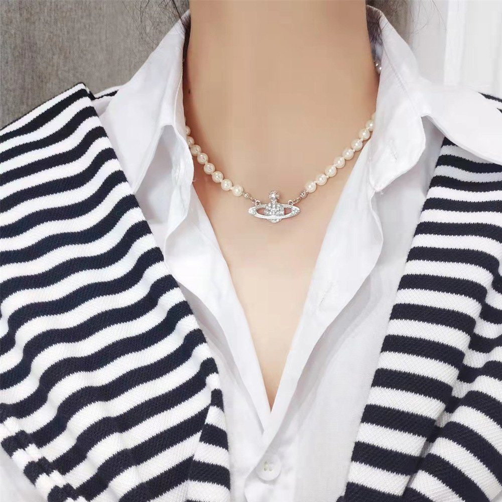 Houhence Schmuck-Kettenstrang Faux Perlenkette ‎‎silber Damen Perlen aus Kette Planet Saturn runden Schmuck, für Strass
