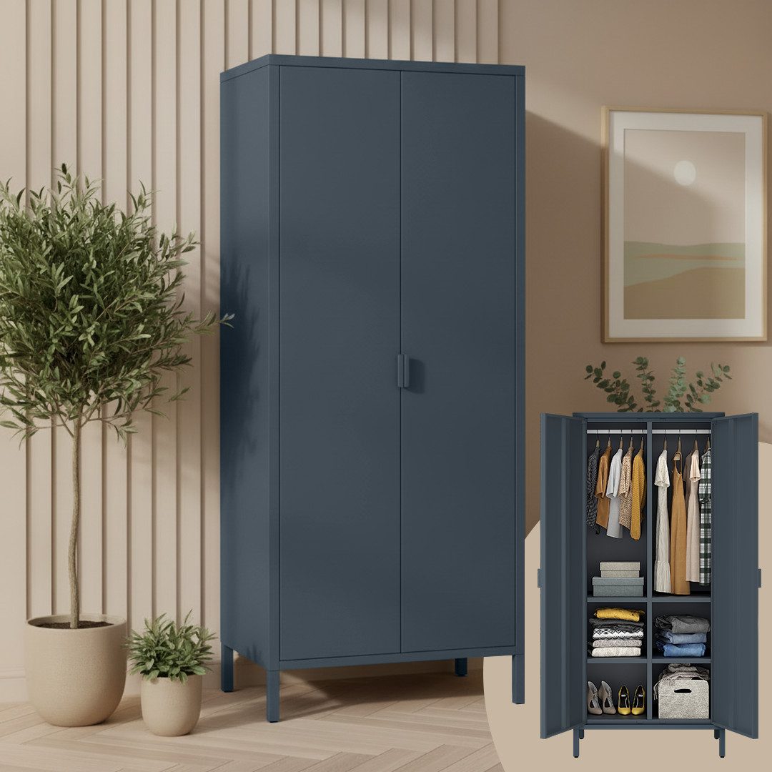 skølm Kleiderschrank Ituri aus Metall (Anthrazit) Metallschrank mit 6 Fächern & 2 Kleiderstangen, 170x80x45 cm