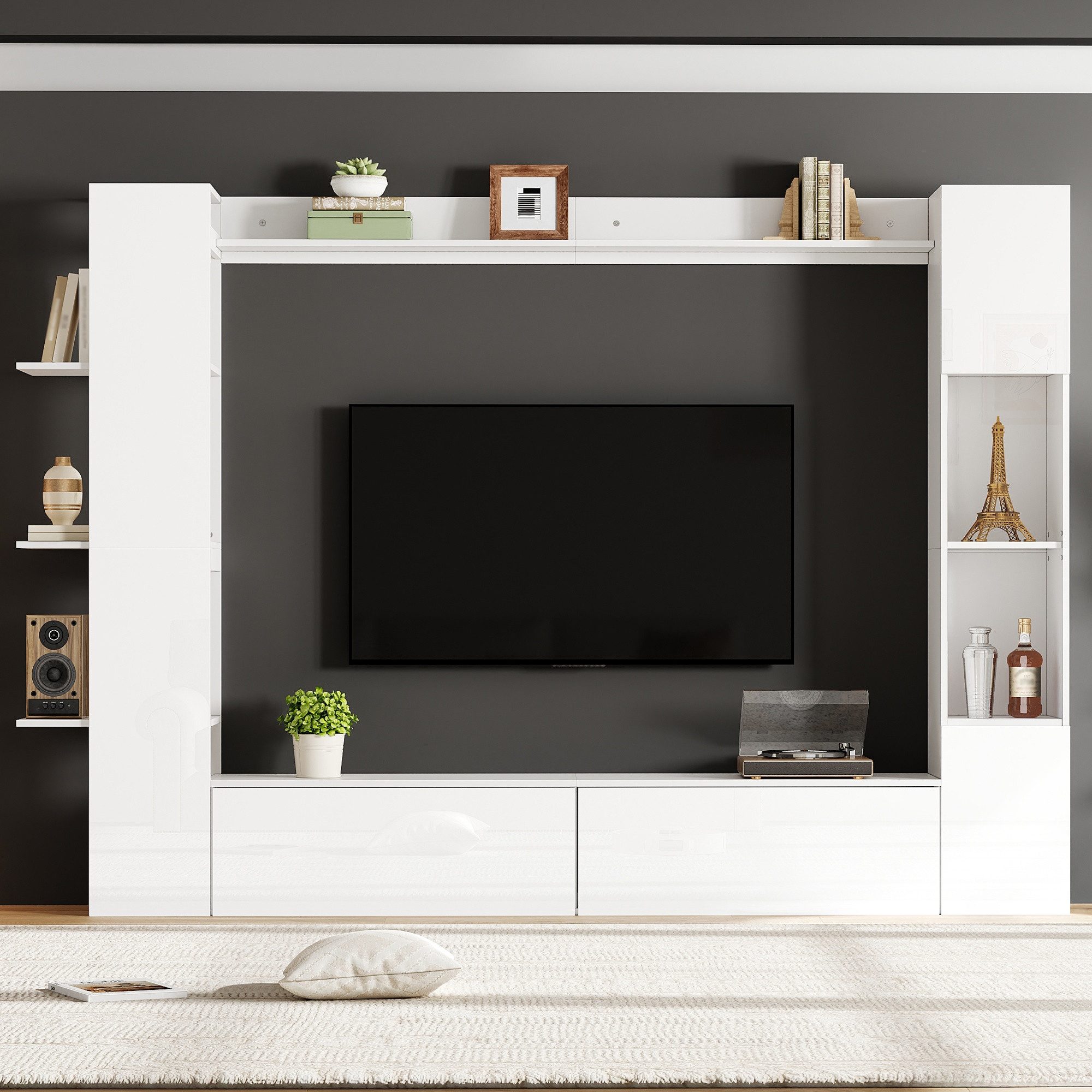 KLAM HOME Wohnwand 4-tlg. Kompaktwohnwand Weiß Hochglanz mit viel Stauraum für Wohnzimmer, (Wohnwand Set mit TV-Schrank, Vitrine & Aufbewahrungsschrank 228x170cm), Flexibles Wandmöbel mit wechselbarem Türanschlag & Acryl-Vitrine