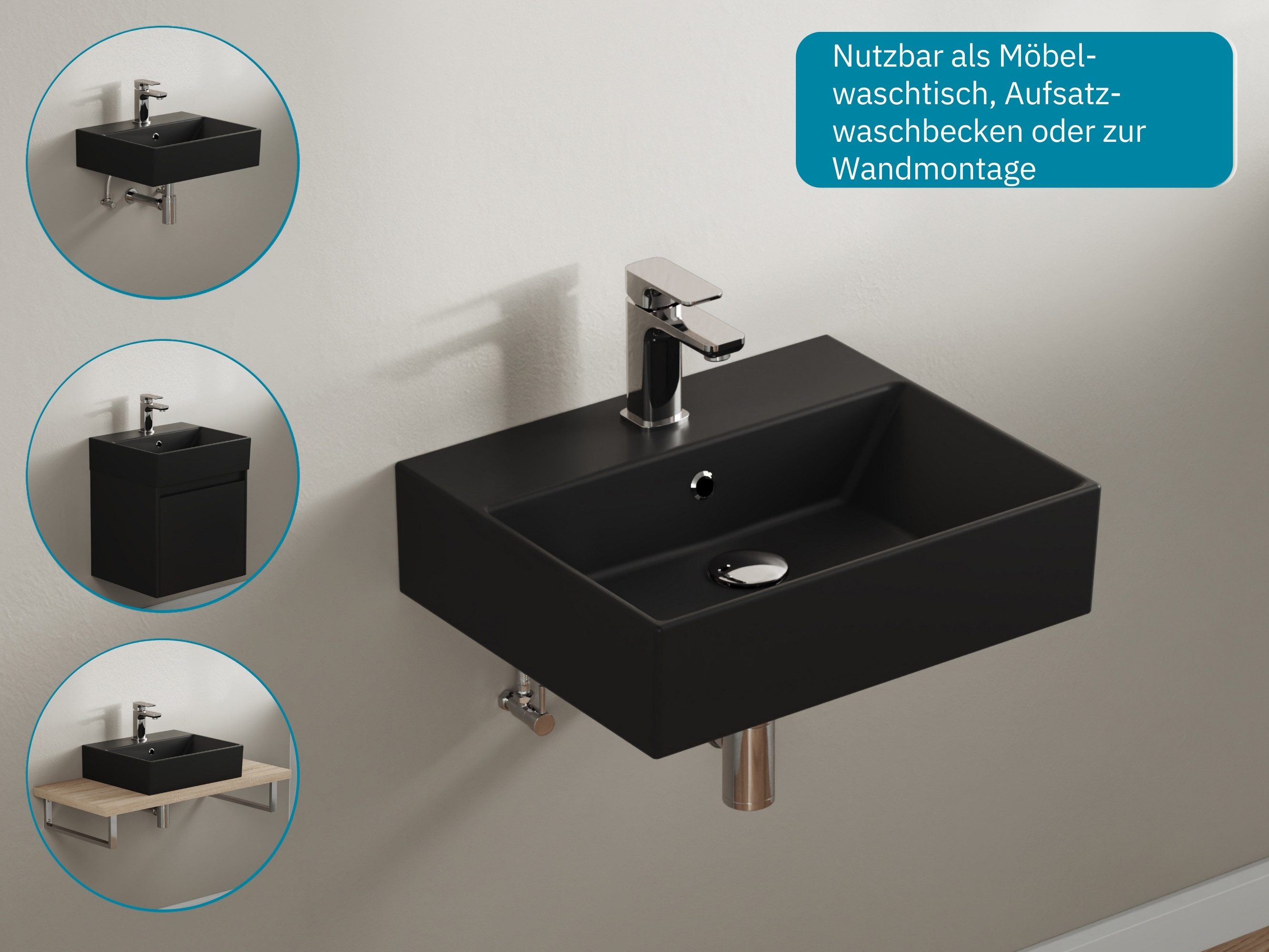 Aqua Bagno Aufsatzwaschbecken Waschtisch, 50cm, matt schwarz, eckig, wandhängend, Waschtisch (Packung)