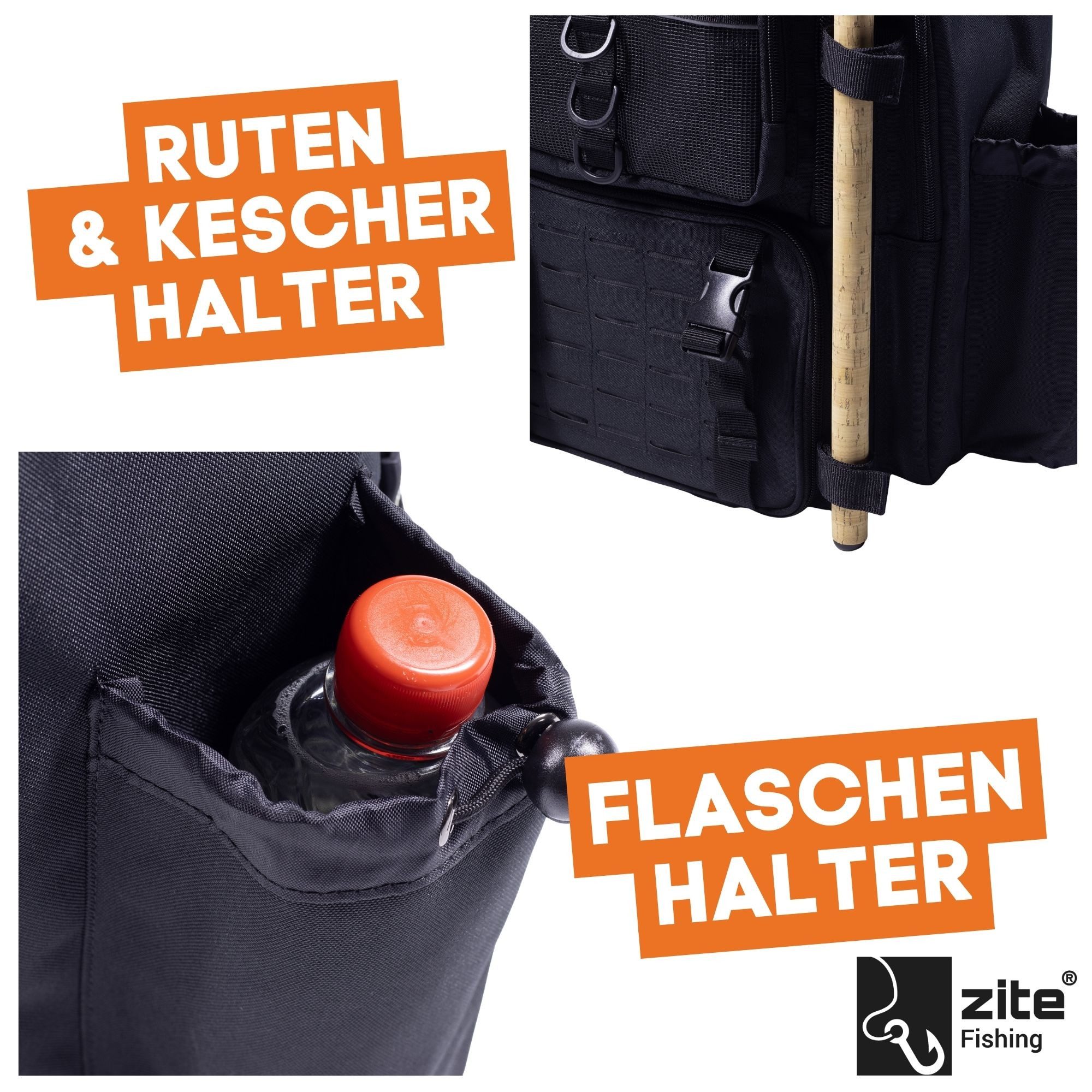 Zite Angelrucksack All-in-One Spinnfischer Rucksack mit Boxen, Rutenhalter & Polsterung