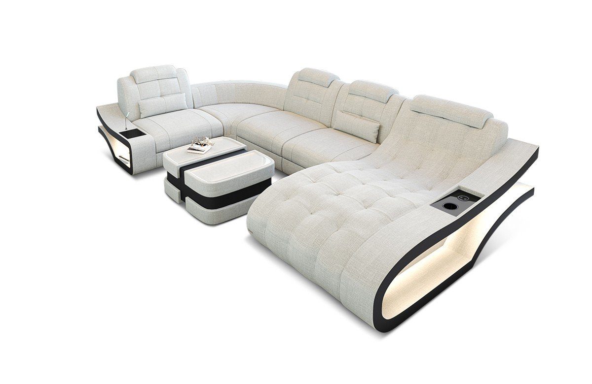 Dreams Form Sofa Elfenbein-Schwarz Stoffsofa, Wohnlandschaft Sofa - Couch U Sofa Bettfunktion mit H Elegante Polster wahlweise