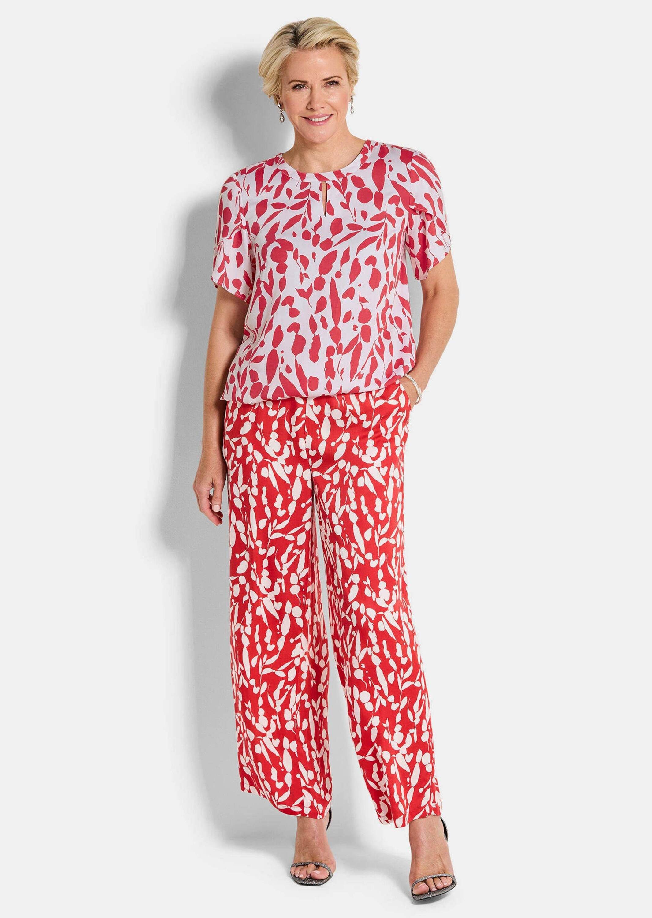 GOLDNER Klassische Bluse Viskosebluse mit Tulpenärmeln Schlupfbluse mit Rundhals mit Schlitz, Gummibund und Halbarm