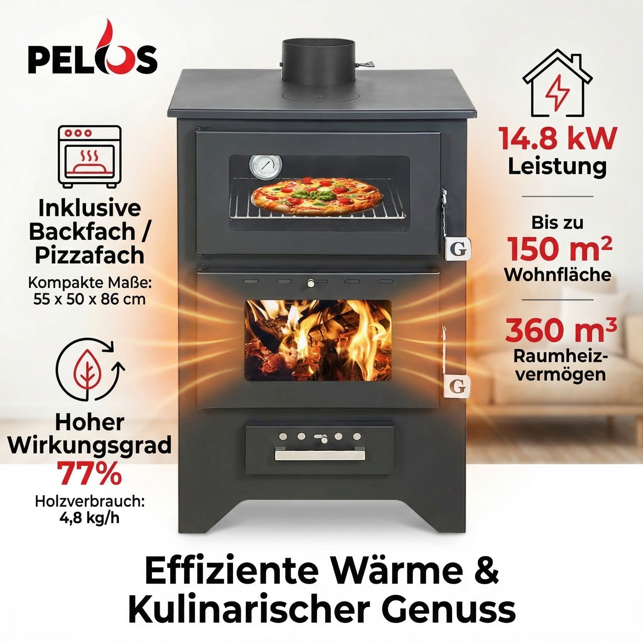 Gekas Kaminofen MG 450 für 150 qm Wohnfläche, 14,8 kW, Holzofen, schwarz, Stahl, Pizzafach, Backfach