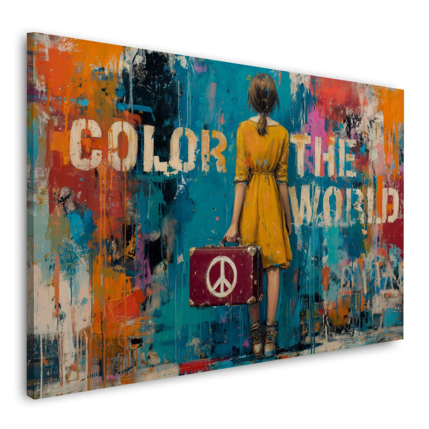 Artedinoi Leinwandbild Mädchen mit Koffer Peace Zeichen Wandbild Leinwandbild Kunstdruck XL D, Mädchen mit Koffer, Peace-Zeichen