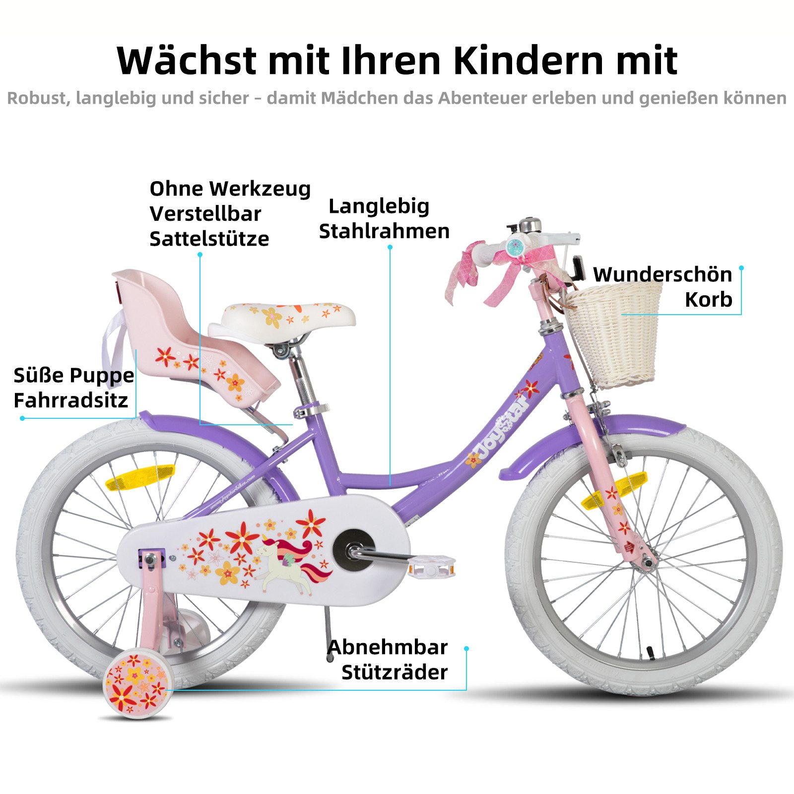 JOYSTAR Kinderfahrrad 12 14 16 18 Zoll Mädchenfahrrad, 3 - 9 Jahre, Geschenk für Prinzessin, 1 Gang, Puppenradsitz & Stützrädern& Korbstreamer, 18 Zoll mit Stützrädern