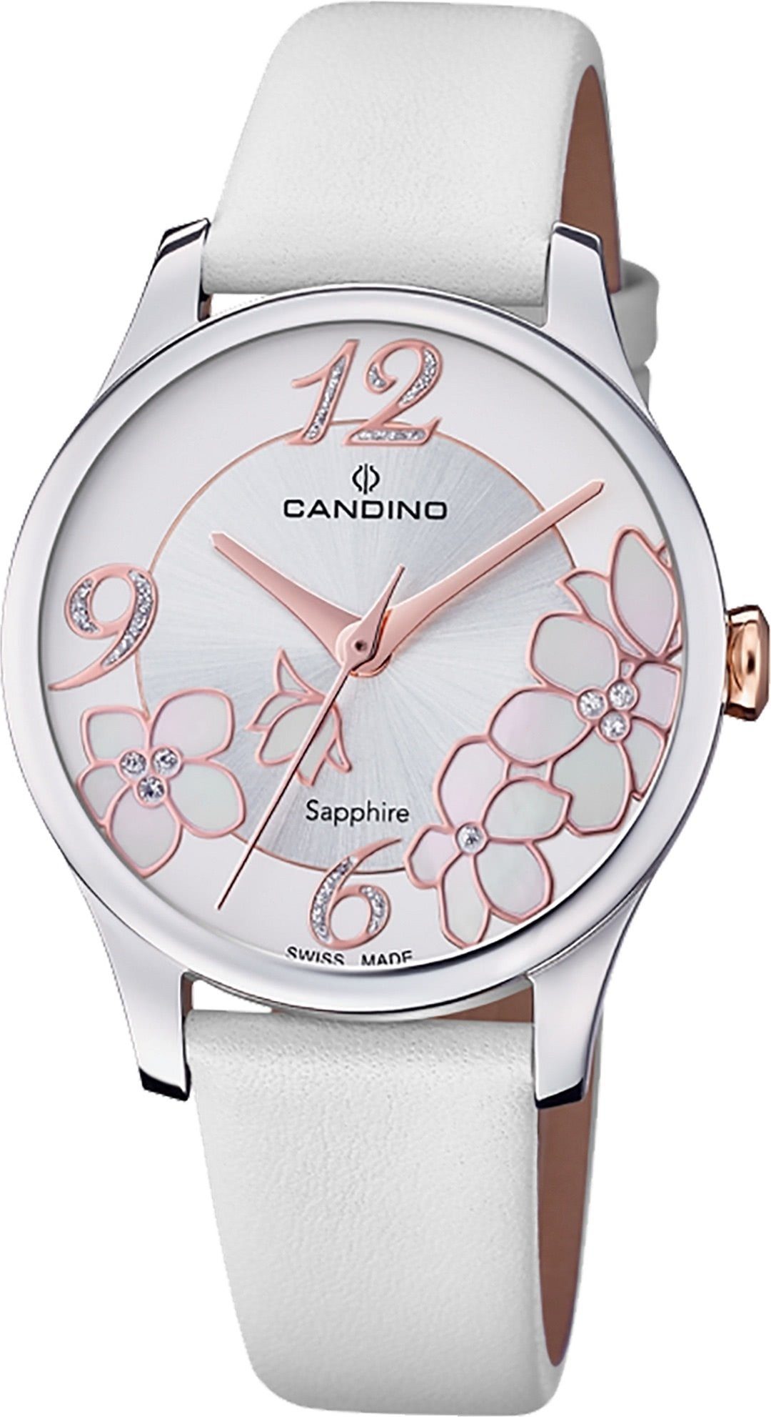 Candino Quarzuhr Candino Damen Armbanduhr Elegance, (Analoguhr), Damen Armbanduhr rund, Lederarmband weiß, Fashion