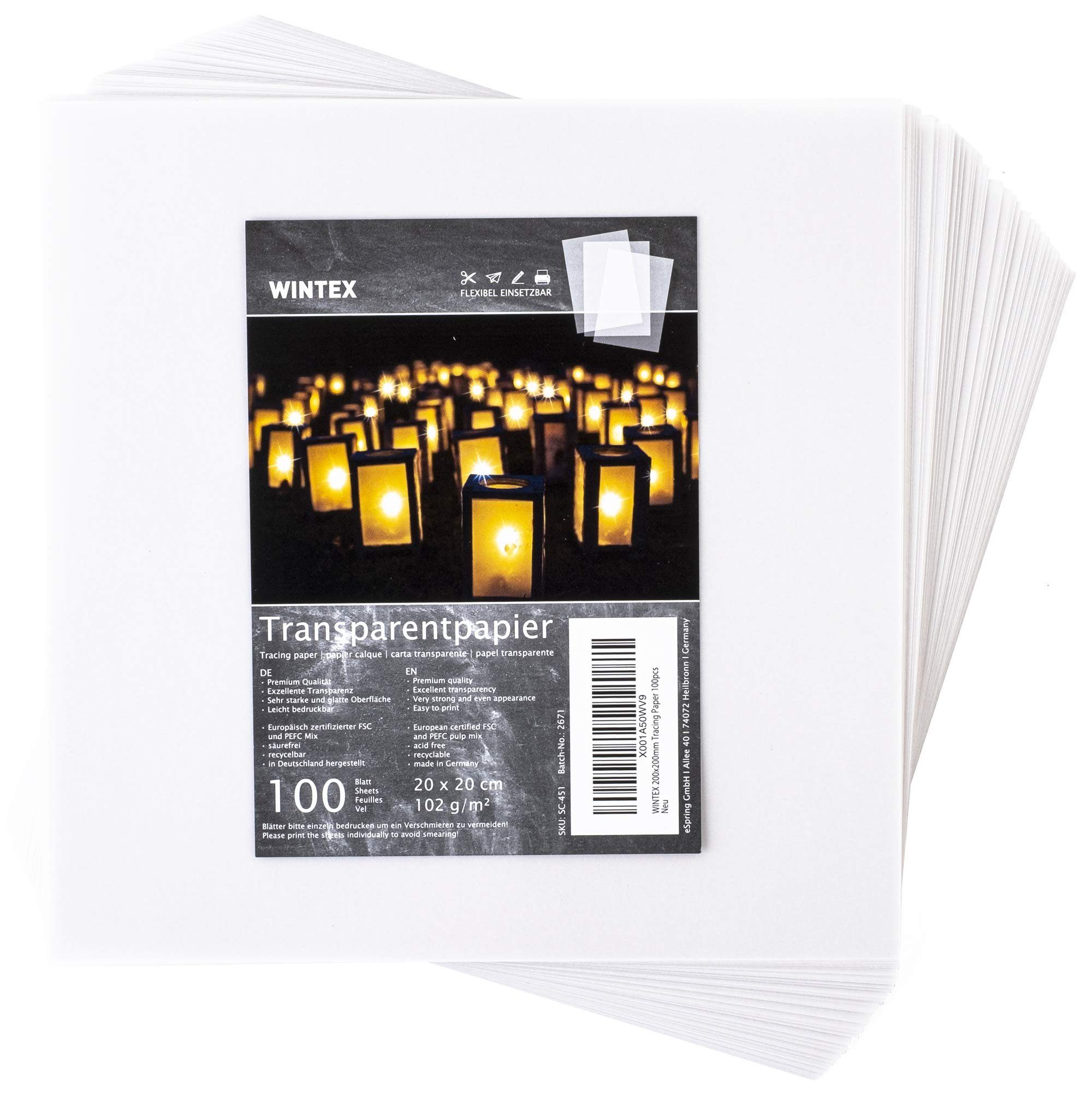 WINTEX Transparentpapier Transparentes Papier, 20x20 cm, 100 Blatt, Transparentes Bastelpapier 20x20 cm, 100 Blatt, weiß & bedruckbar
