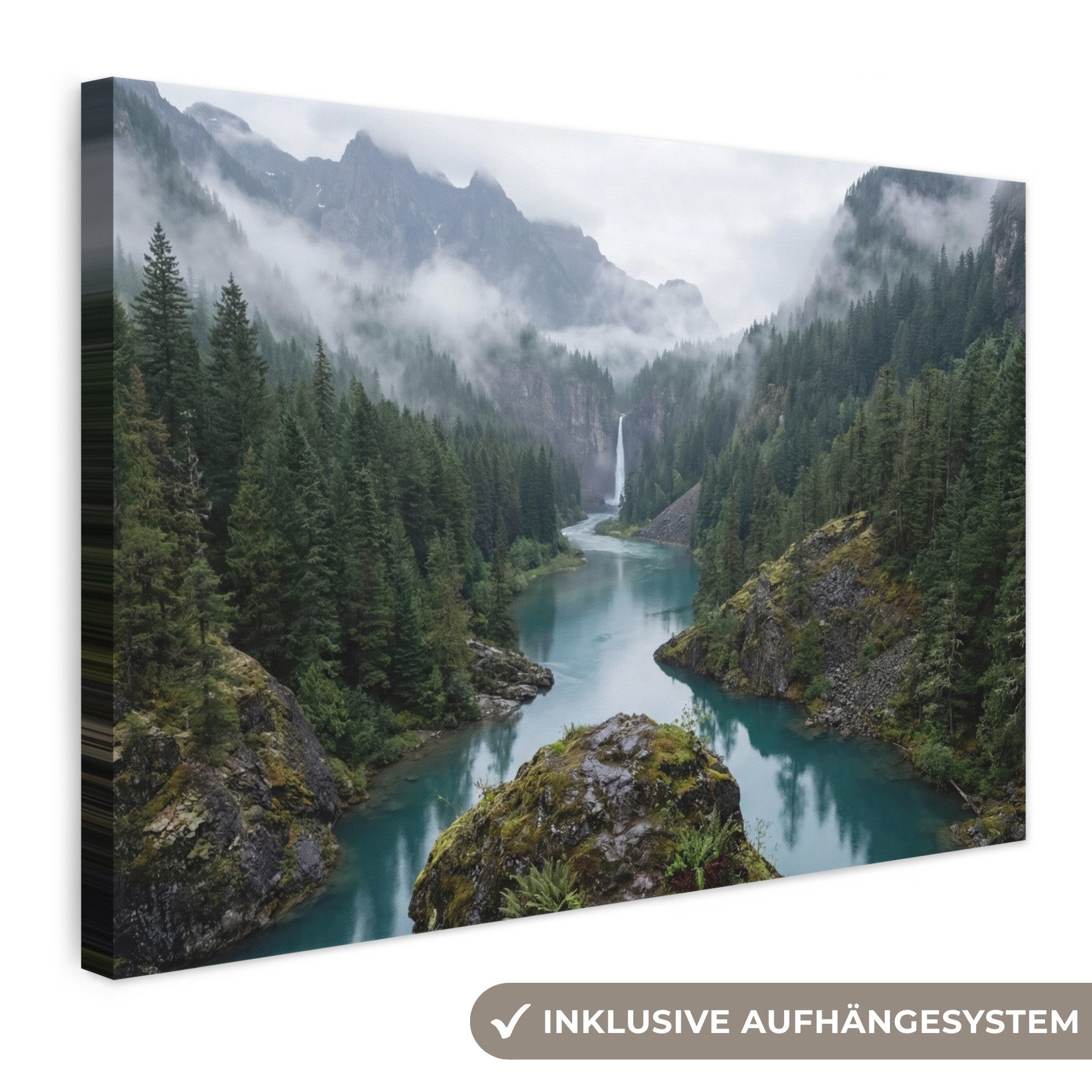 OneMillionCanvasses® Leinwandbild Wasserfall - Bäume - Berge, Fotodruck (1 St), Leinwand Bilder Klein, Wand Dekoration Aesthetic 30x20 cm