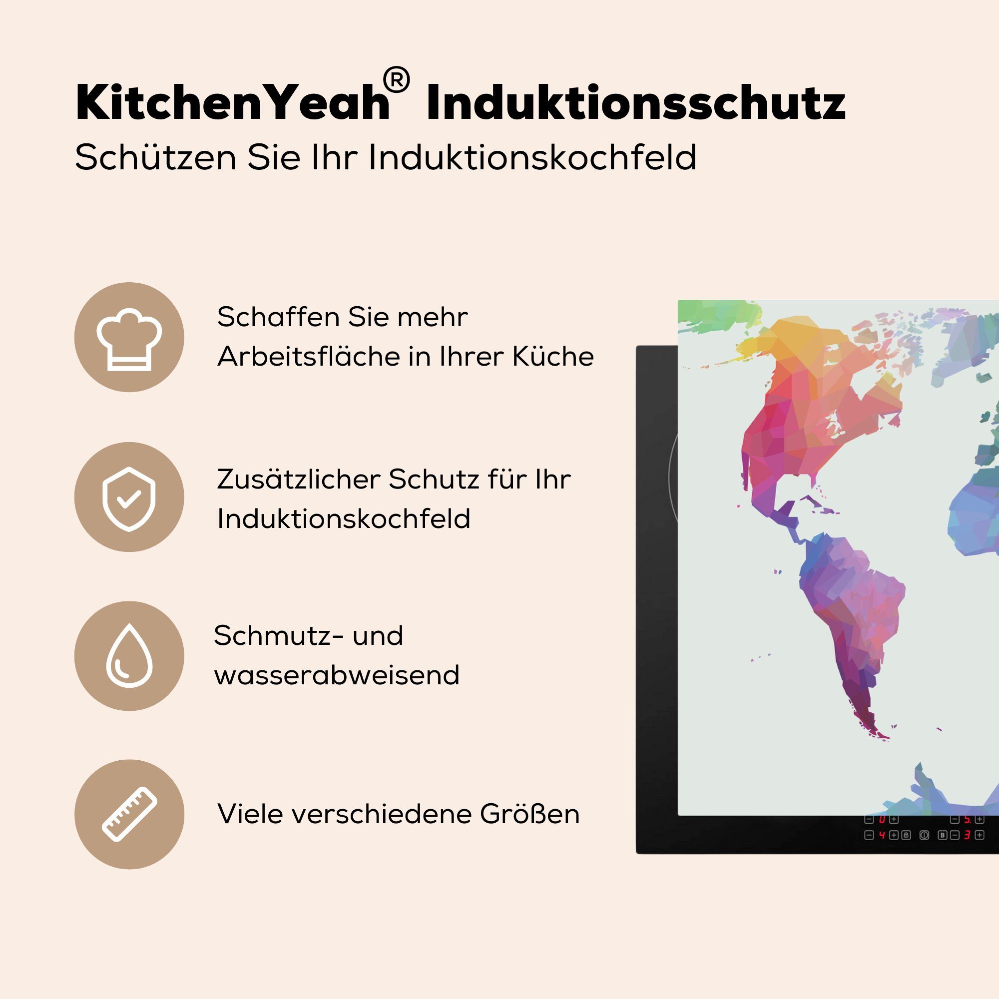 Vinyl, 81x52 tlg), küche, MuchoWow Modern, Induktionskochfeld Ceranfeldabdeckung für Weltkarte - cm, die Farben Schutz - (1 Herdblende-/Abdeckplatte