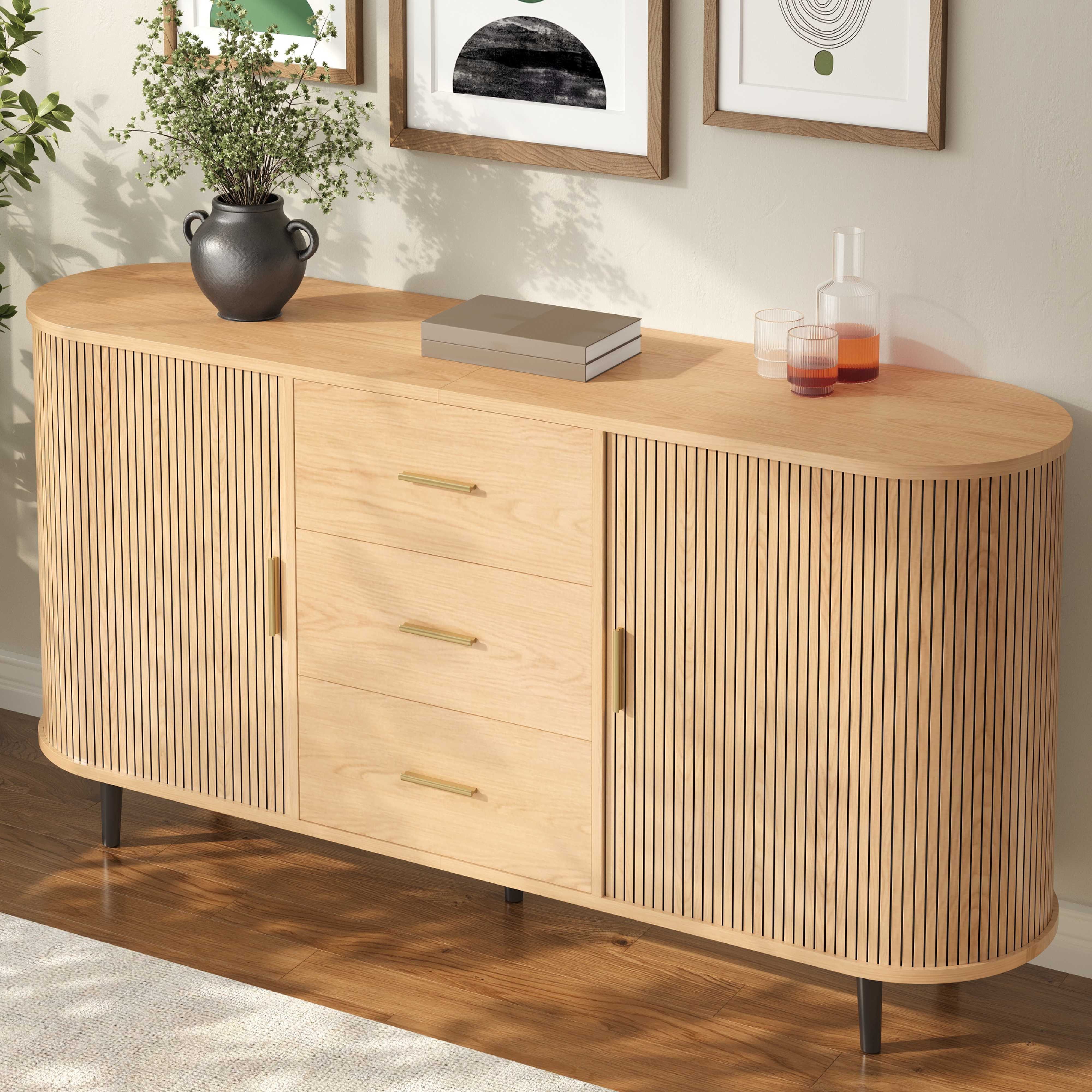 BlingBin Sideboard Schubladenschrank Anrichte Kommode Abgerundetes (2 Packung, 1 St., mit 3 Schubladen,Lamellen-Schiebetüren und verstellbaren Einlegeböden), 160x40x80,5 cm,für Wohnzimmer & Essbereich