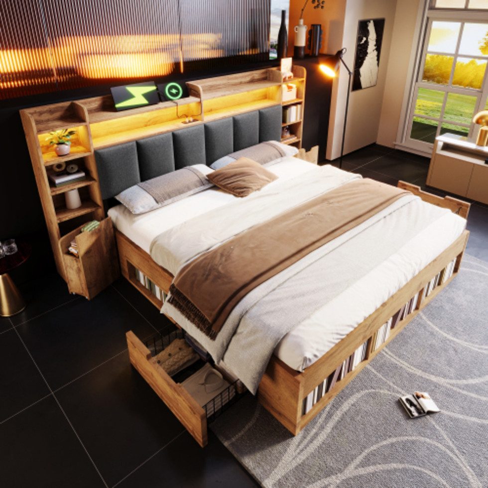 Ulife Stauraumbett Doppelbett-Systembett, Eichefarben mit LED-Beleuchtung (1-tlg), USB- und Type-C-Anschlüssen, Stauraum und Rollschubladen