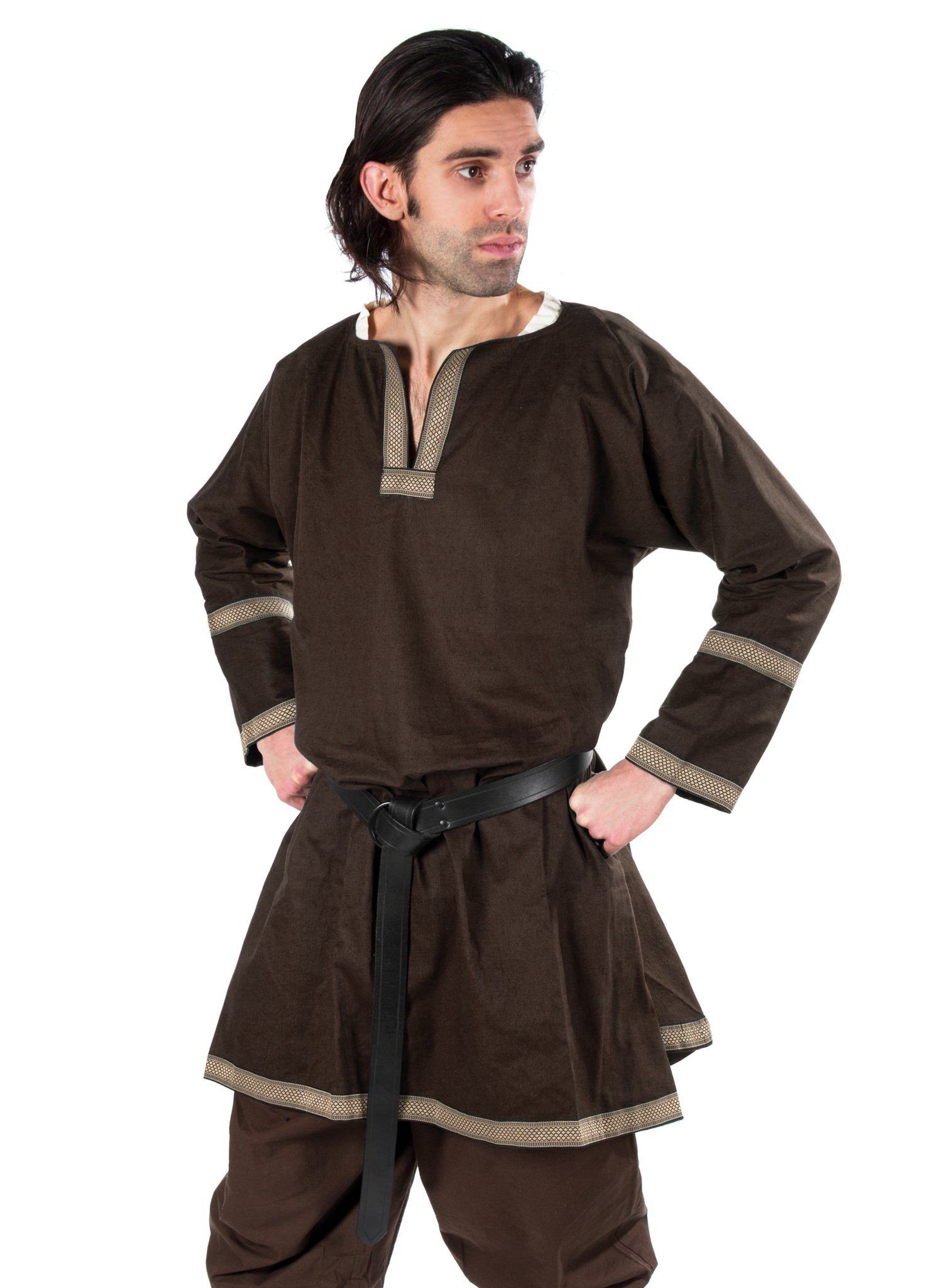 Supreme Replicas Kostüm Tunika - Rainald, braun, Schlichtes Mittelalterhemd für Herren mit simpler aber eleganter Bort