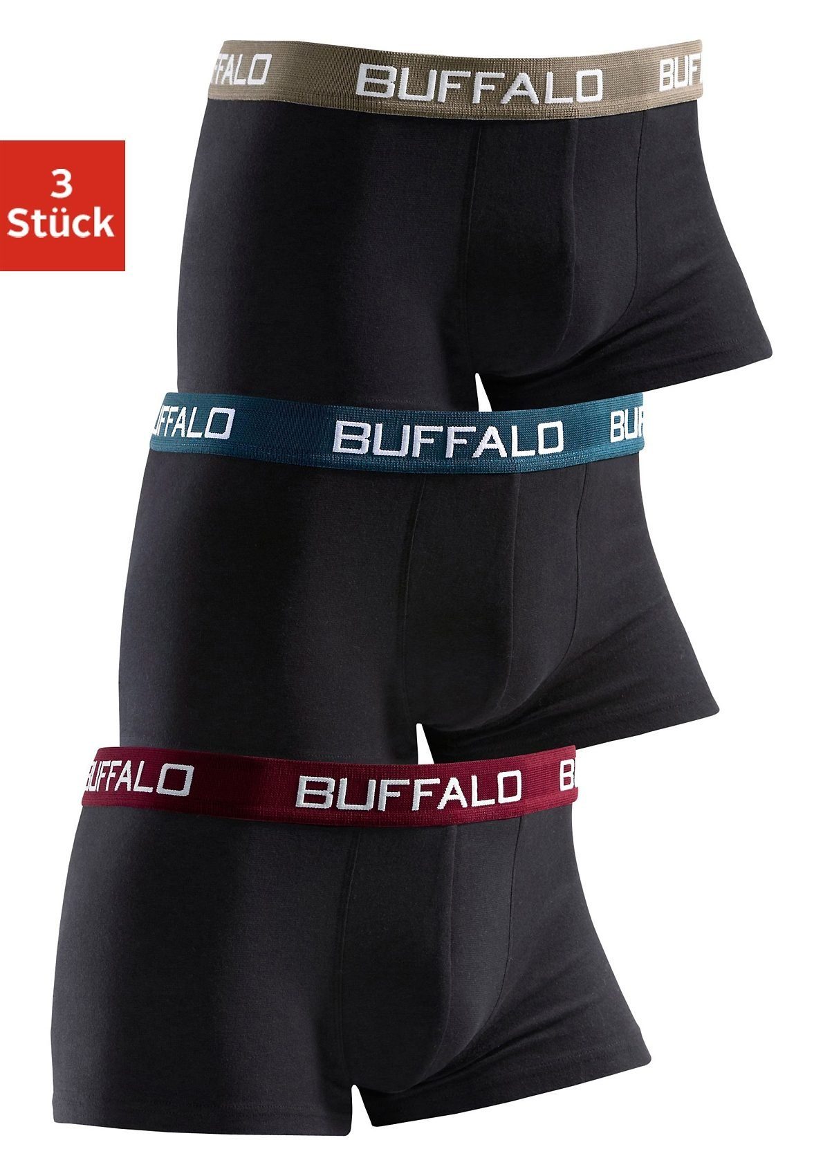 Buffalo Boxer (Packung, 3-St) für Jungen mit kontrastfarbenem Bündchen schwarz-bordeaux, schwarz-grün, schwarz-grau | Boxer anliegend