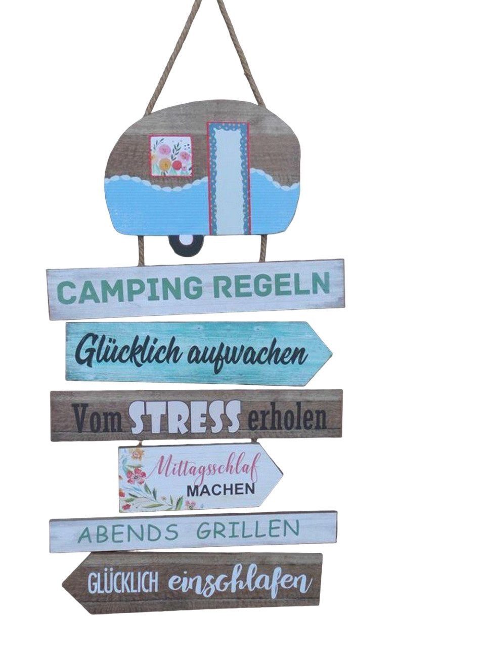Deko-Impression Deko-Schriftzug Dekoratives Schild Campingregeln Holz /MDF an Kordel Geschenk 75 cm (1 St)