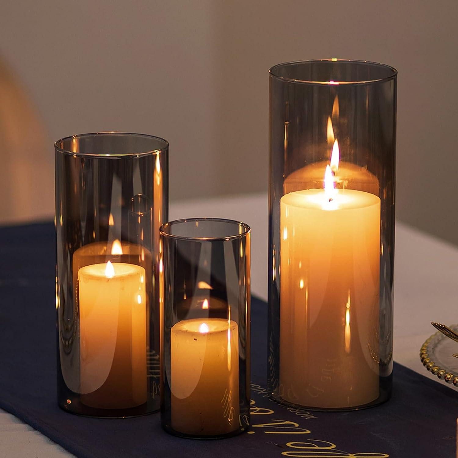 Windlicht Windlicht Glas Kerzenständer 3-tlg. Set Grau für Stumpenkerzen