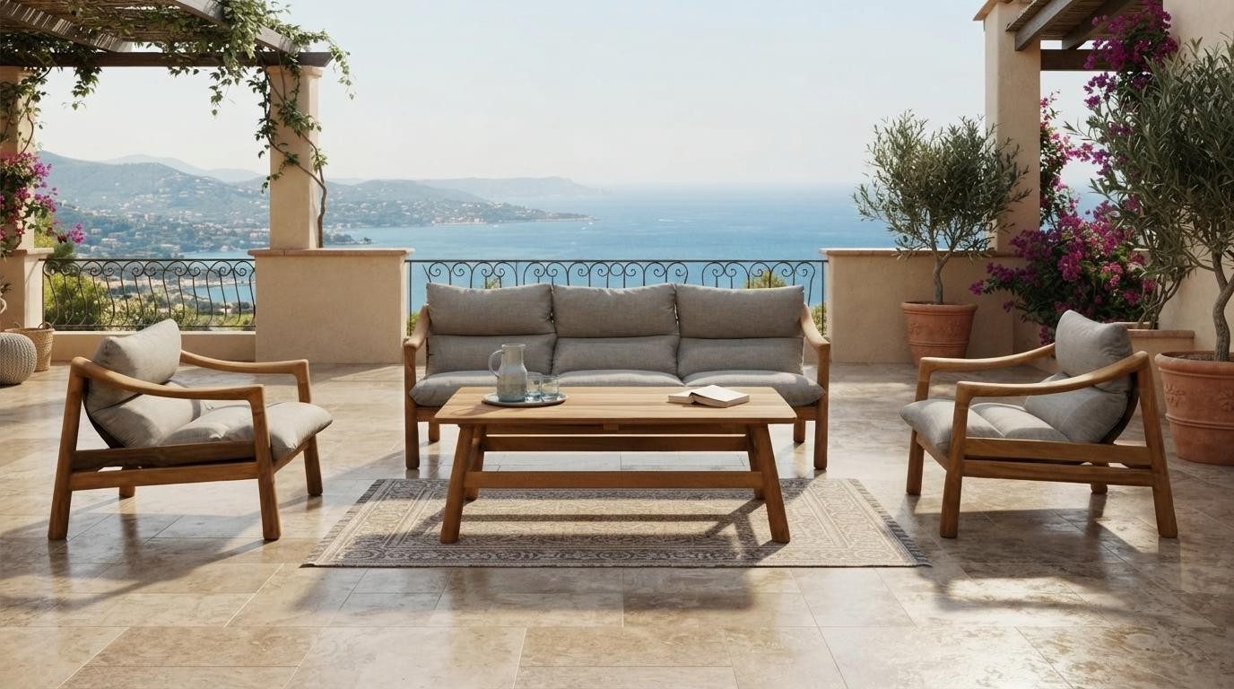 Xlmoebel Gartenlounge-Set Modernes Beige Lounge Set 3-Sitzer Sofa 2 Sessel Couchtisch Design, (3-tlg., 3-2-1)