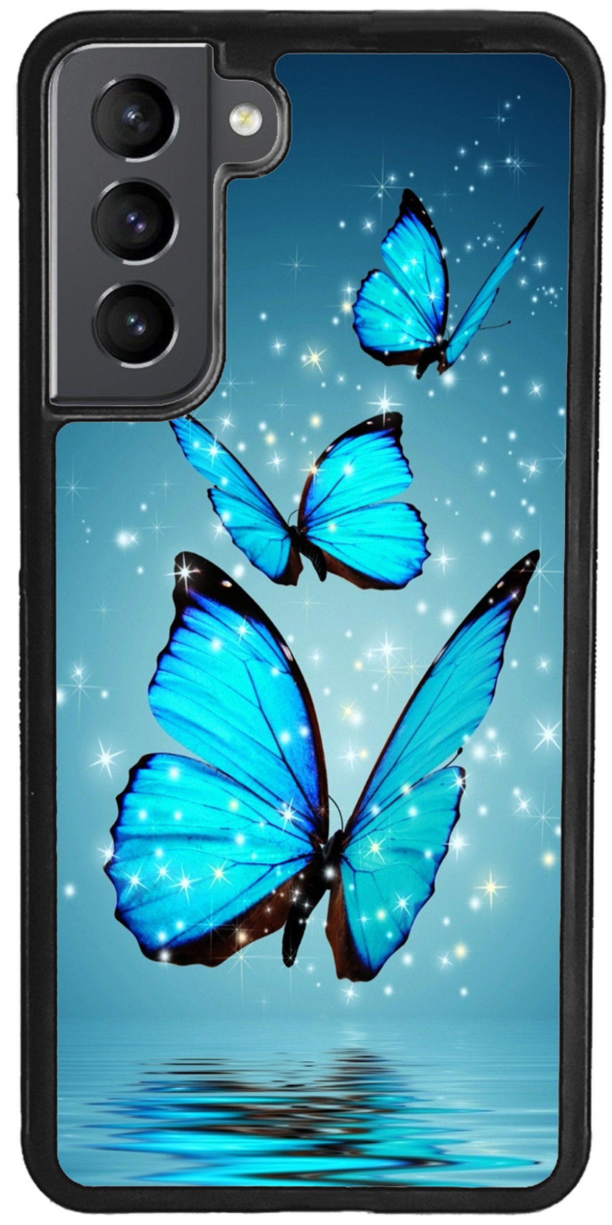 Traumhuelle Handyhülle TPU HÜLLE Silikon MOTIV 4 Case Cover Schutzhülle Backcover Etui 5G, Schmetterling Blau Handy Bumper Smartphone Rückschale Schwarz