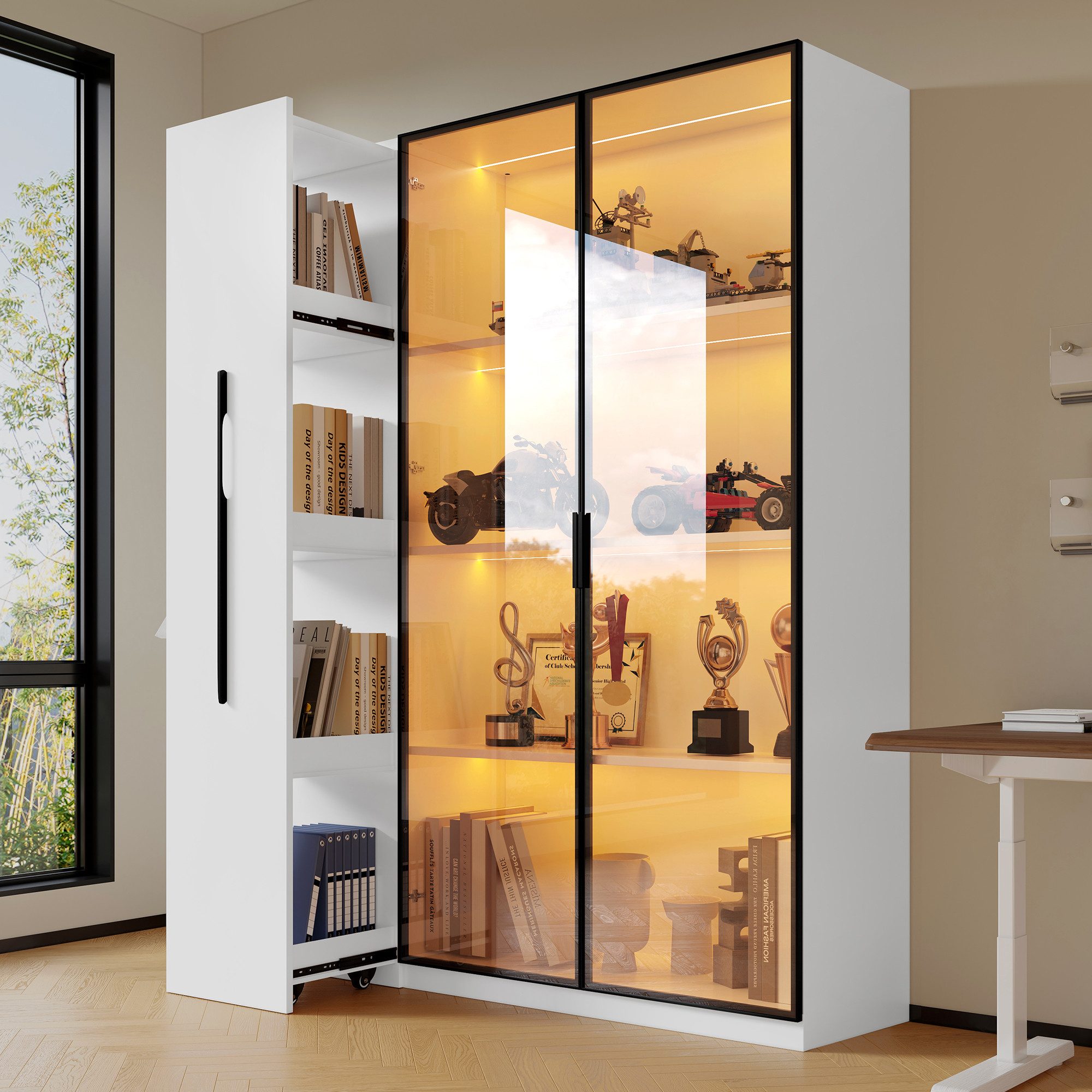 STILVORA Vitrine Highboard Aufbewahrungsschrank Rollschrank für Ess-, Wohn,Schlafzimmer (Packung, 1-St., Hochschrank im französischen Stil, Bücherregal,Badezimmerschrank) Vitrine mit Glastür und Rollschrank