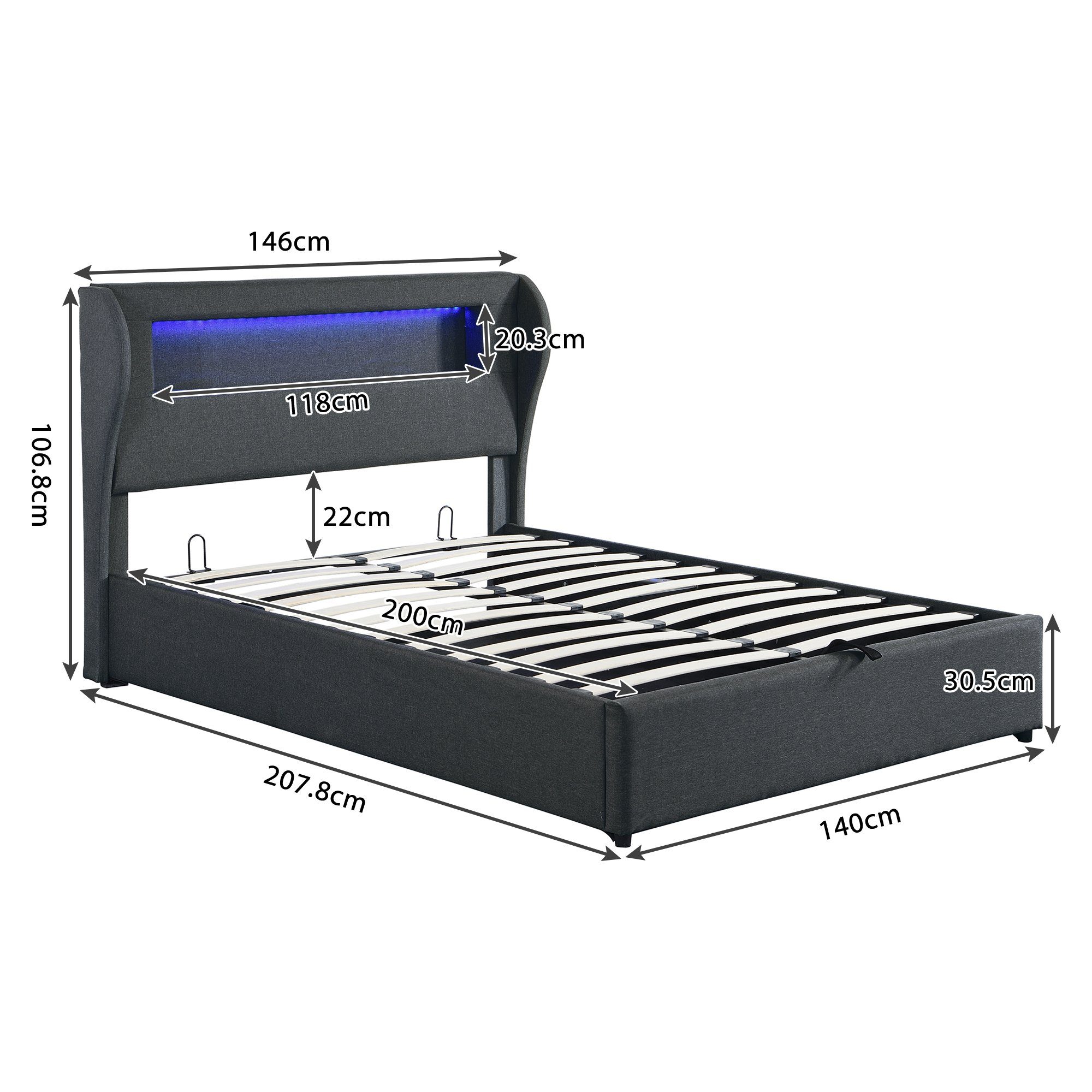 Boxspringbett (Doppelbett 140 x 200 cm mit LED Beleuchtung, Leinen), Polsterbett Hydraulisches Funktionsbett mit Lattenrost und Bettkasten