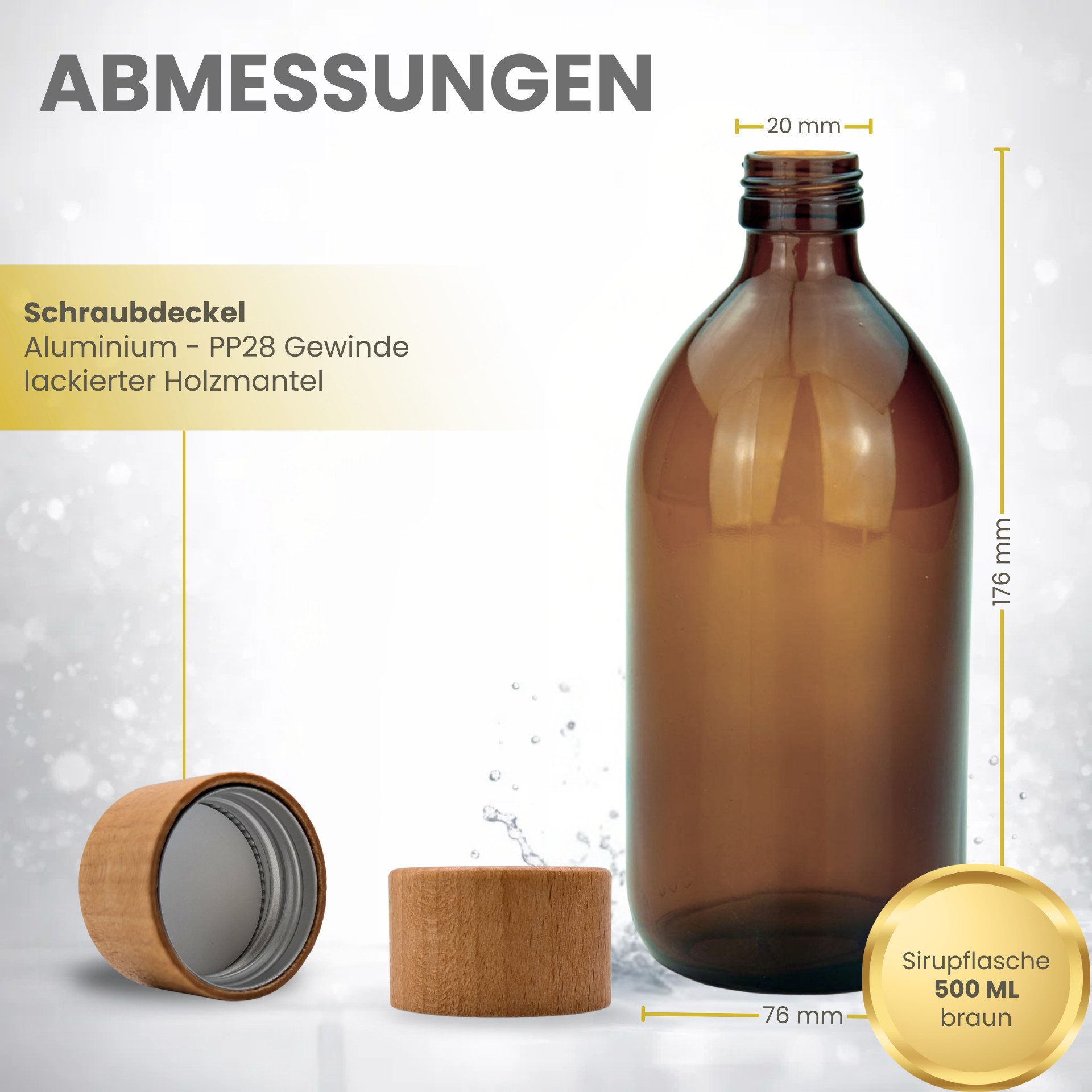 mikken Trinkflasche Apothekerflasche braun 500 ml mit Holz/Alu Schraubdeckel, 0,5 L, UV-Schutz, luftdicht